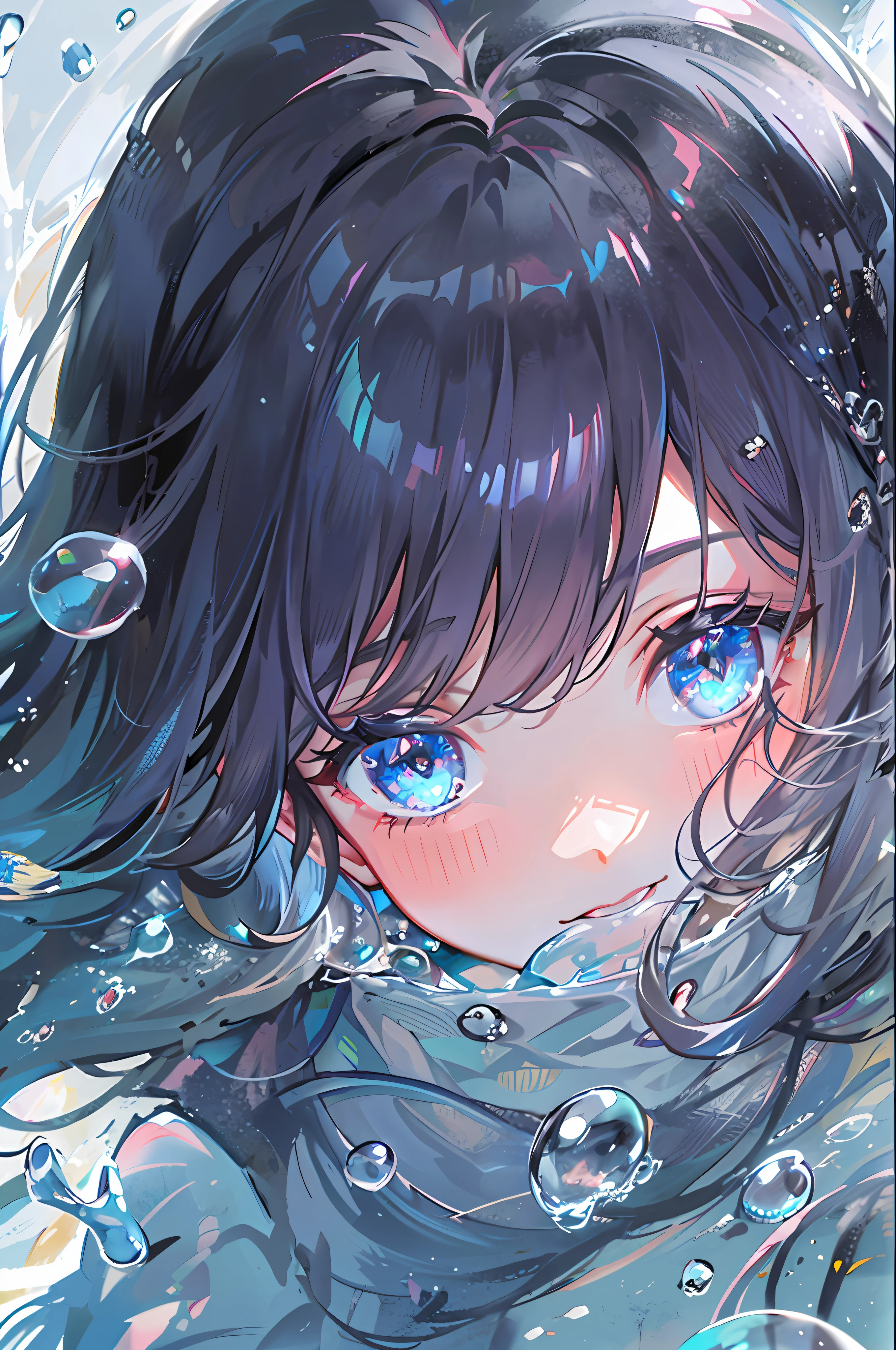 ((top-quality)), ((masterpiece)), ((ultra-detailliert)), (extremely delicate and beautiful), girl with, 独奏, cold attitude,((Black jacket)),She is very(relax)with the(Settled down)Looks,A dark-haired, depth of fields,evil smile,Bubble, under the water, Air bubble,Bright light blue eyes,Inner color with black hair and bright light blue tips,Cold background,Bob Hair