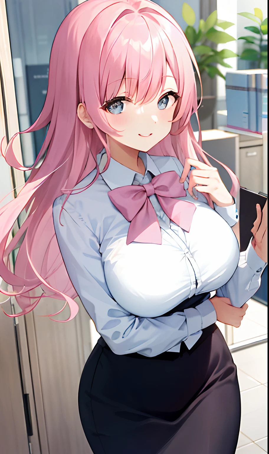 ((masterpiece, best quality)), (1girl),((mature female)), lightpink hair, halo, horn, ((office lady )),bangs,middle breast,(busty),slim,smile, [wide hips],office,standing, aru \(blue archive\),