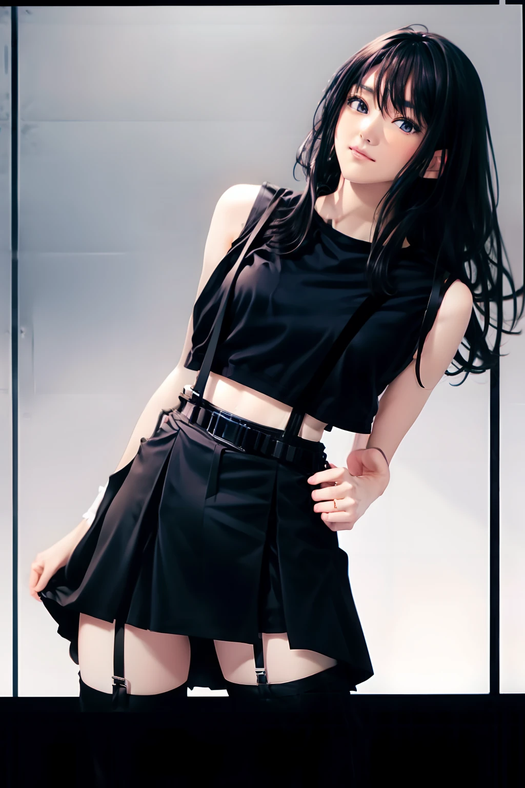 a black skirt, , Tank Tops suspenders, Long Black Hair, Gray eyes, holster, Garter belt on the legs, , moderate chest and tight clothes, both sides Behind no-bra a belt teats