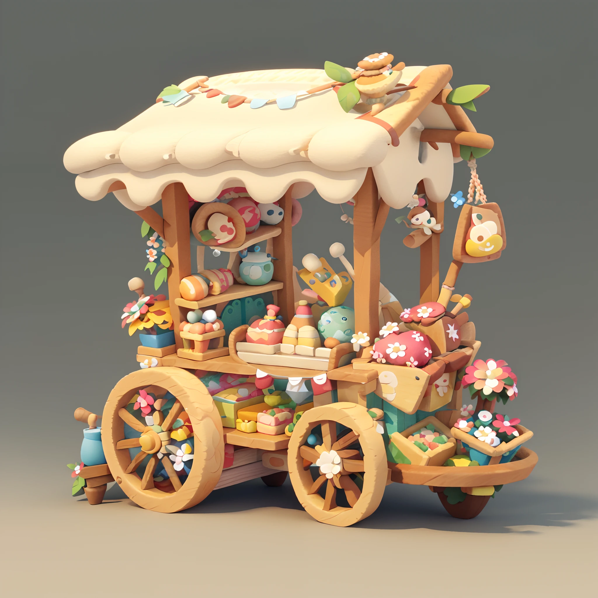 tmasterpiece，Best quality at best，cartoony，3D，sandbox，There was a small wooden cart，Floral decoration, 4k polymer clay food photography, Cute 3d rendering, Works by Lee Jeon-suk, Stylized 3D rendering, ultra realistic 3d illustration, trend on behance 3 d art, 3D illustration。