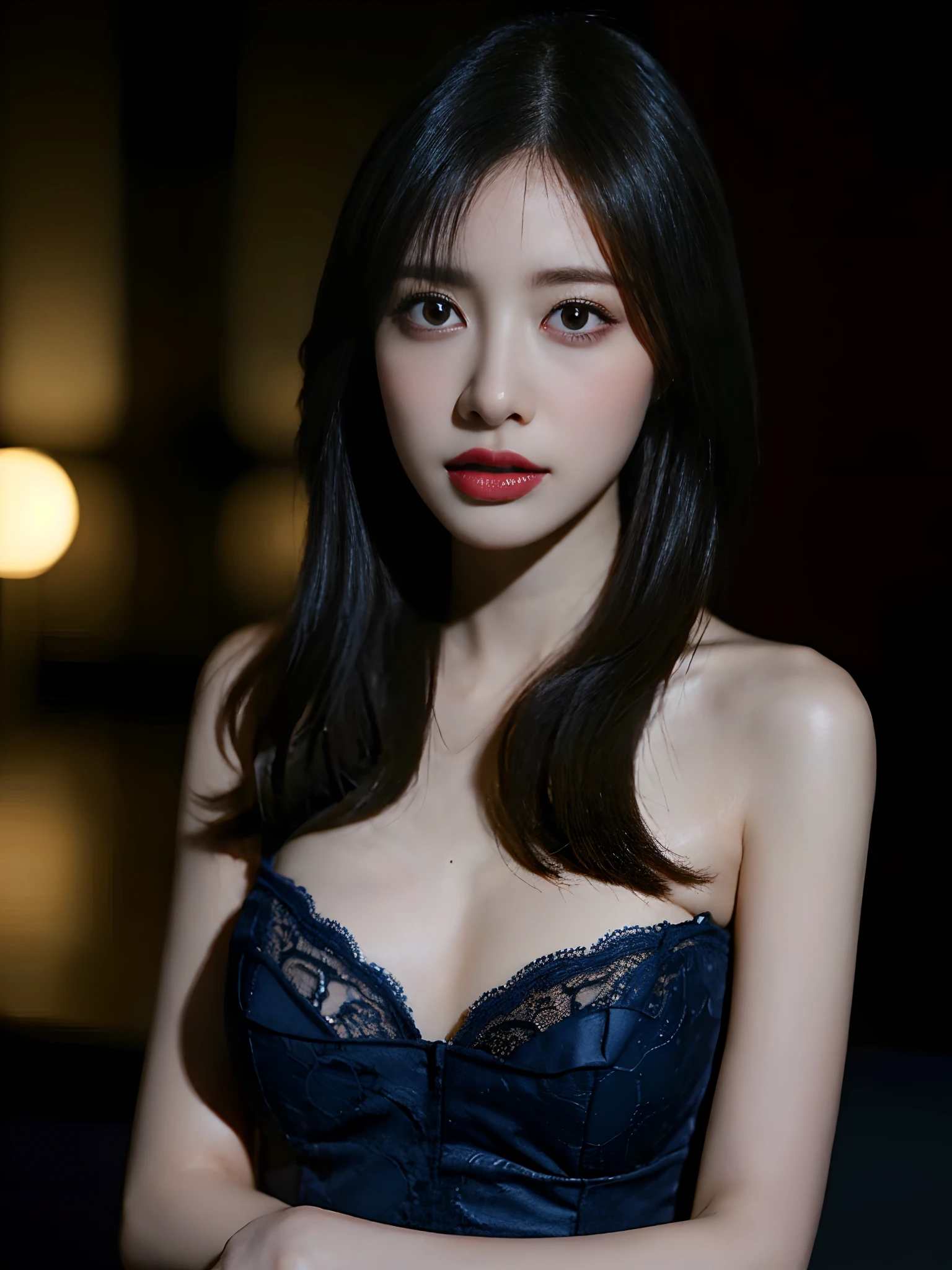 ((top-quality、8K、masuter piece:1.3)), 1 female, Beautiful girl emphasizing slender abs:1.3, 爆乳:1.2, Pose Seductive, Sexually seductive facial expressions, (Wearing ultra-thin blue lace underwear: 1.4, Open your crotch, that are about to spill, Red Off-Shoulder,  are visible, Cinematic lighting, hyperdetailed face, High detailed lips, A detailed eye, double-edged eyelid, Ecchi,