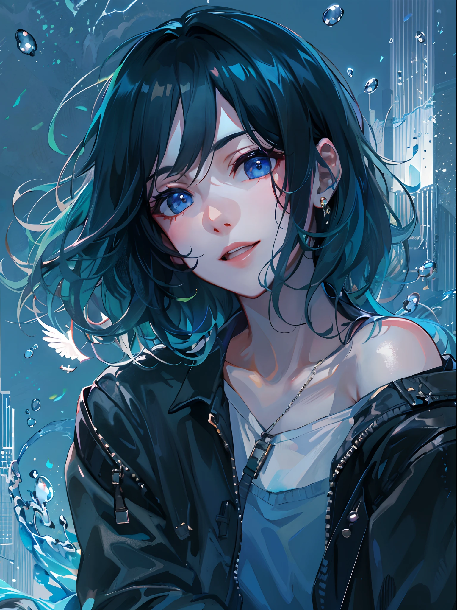 ((top-quality)), ((masterpiece)), ((ultra-detailliert)), (extremely delicate and beautiful), girl with, 独奏, cold attitude,((Black jacket)),She is very(relax)with the(Settled down)Looks,A dark-haired, depth of fields,evil smile,Bubble, under the water, Air bubble,bright light blue eyes,Inner color with black hair and light blue tips,Cold background,Bob Hair - Linear Art, shortpants、knee high socks、Camisole inner shirt