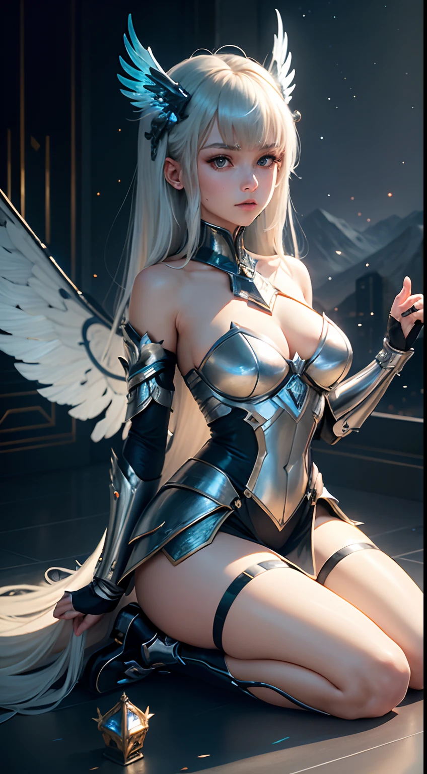 buliding、Mountains and waterfalls、cosmic starry sky、cyber punk perssonage、karo ,mecha-girl,cabellos largos dorados,inside in room,lies on the ground,Jade body horizontal Chen,lying down,A sense of maturity,Forehead bangs,Clean floor,Futuristic,High-tech decorations,Two-dimensional hairstyle,high-heels,Split bangs,Huge mechanical wings on the back,Mechanical starlight flying wings,Silver armor,Depict a metallic texture,Angularity,Sophisticated mechanical,The armor is angular,Full body photo,show legs,cropped shoulders,golden hair,Single horsetail,Wearing white armor,Exquisite high-tech texture,Wearing a beautiful short skirt,Blonde single ponytail,Long sword in hand,high heels boots,Full body photo,Blue illuminated indicator,combat state,Make complex movements,Tulle clothing,show legs,cropped shoulders,Holding a variety of white combat weapons,Mature and beautiful,Angularity,Angular,Combat status,Raised Legs,Raise your hand and hold your weapon,blasts,raging fire,Blue energy burst,earth,desert,starrysky,Full body photo,filigree,best qualtiy,tmasterpiece,Extremely refined and beautiful,extremely detaile,CG,8K,Amazing Cleavage,finely detailled,tmasterpiece,Best quality at best,extremely detailed CG unity 8k wal,ultra-detailliert,A high resolution,extremely detaile,