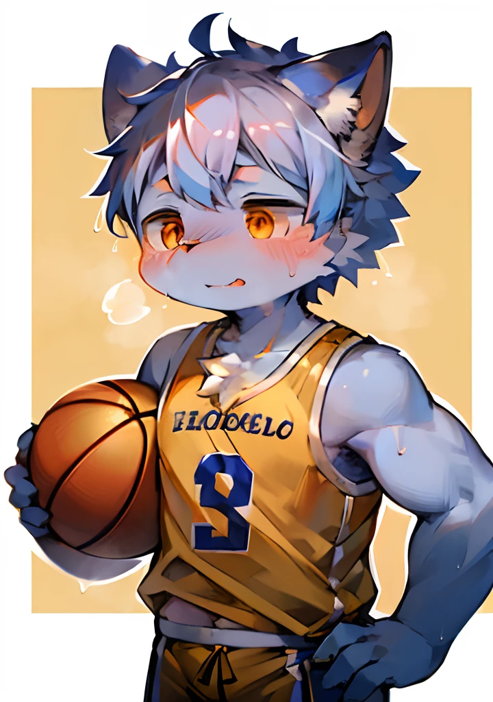 tmasterpiece,high qulity,Ridiculous resolution,digitial painting\(artwork of a\),Dagasi,Yupa,Kiyosan,(Fluffy fur:1.1),(luminance:0.8),anthro male cat。 (Orange eyes,Gray-blue fur,Full Body Furry,Cat nose:1.2),eyes with brightness,in a panoramic view,detailedbackground,(Yellow basketball jersey,:1.2),(basketball playground: 1.2),male people,Adults,Heavy sweating,a warm color palette,Whole body diagram,You can see the whole body,Playing the Basketball,The reproductive organs are erect and very long,Wet clothes,clothes reflecting light