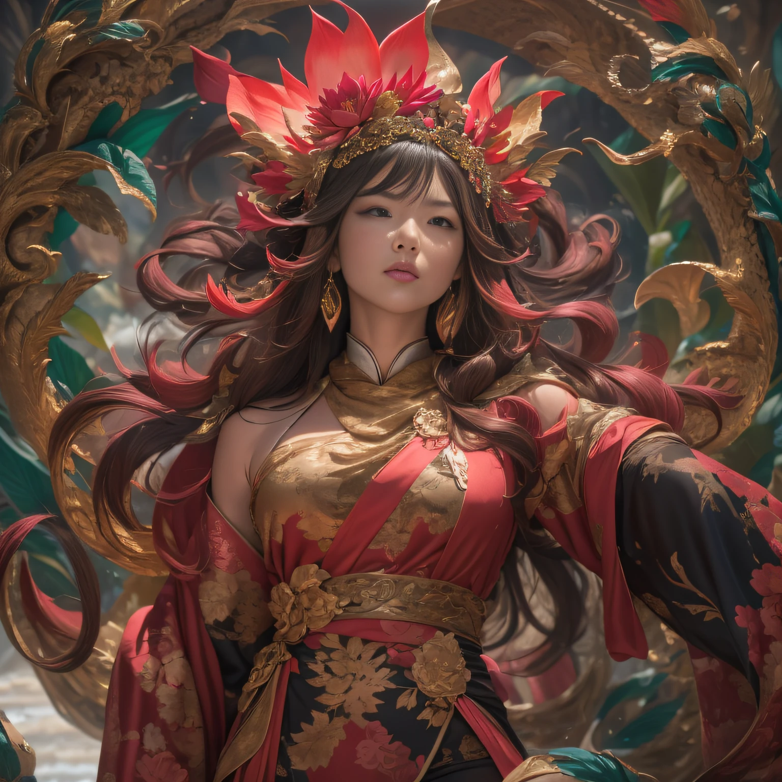 32K（tmasterpiece，k hd，hyper HD，32K）Large curls，Flowing rouge，ponds，zydink， a color，  Asian people （KING）， （Black and gold scarf）， Combat posture， looking at the ground， Large rolls of rouge， Flowing rouge curls，Red onyx emerald emerald headdress， Chinese long-sleeved gold garment， （abstract ink splash：1.2）， Pink lotus background，Water lily flower protector（realisticlying：1.4），Rouge hair，Autumn is in full swing，The background is pure， A high resolution， the detail， RAW photogr， Sharp Re， Nikon D850 Film Stock Photo by Jefferies Lee 4 Kodak Portra 400 Camera F1.6 shots, Rich colors, ultra-realistic vivid textures, Dramatic lighting, Unreal Engine Art Station Trend, cinestir 800，Large curls，Flowing rouge