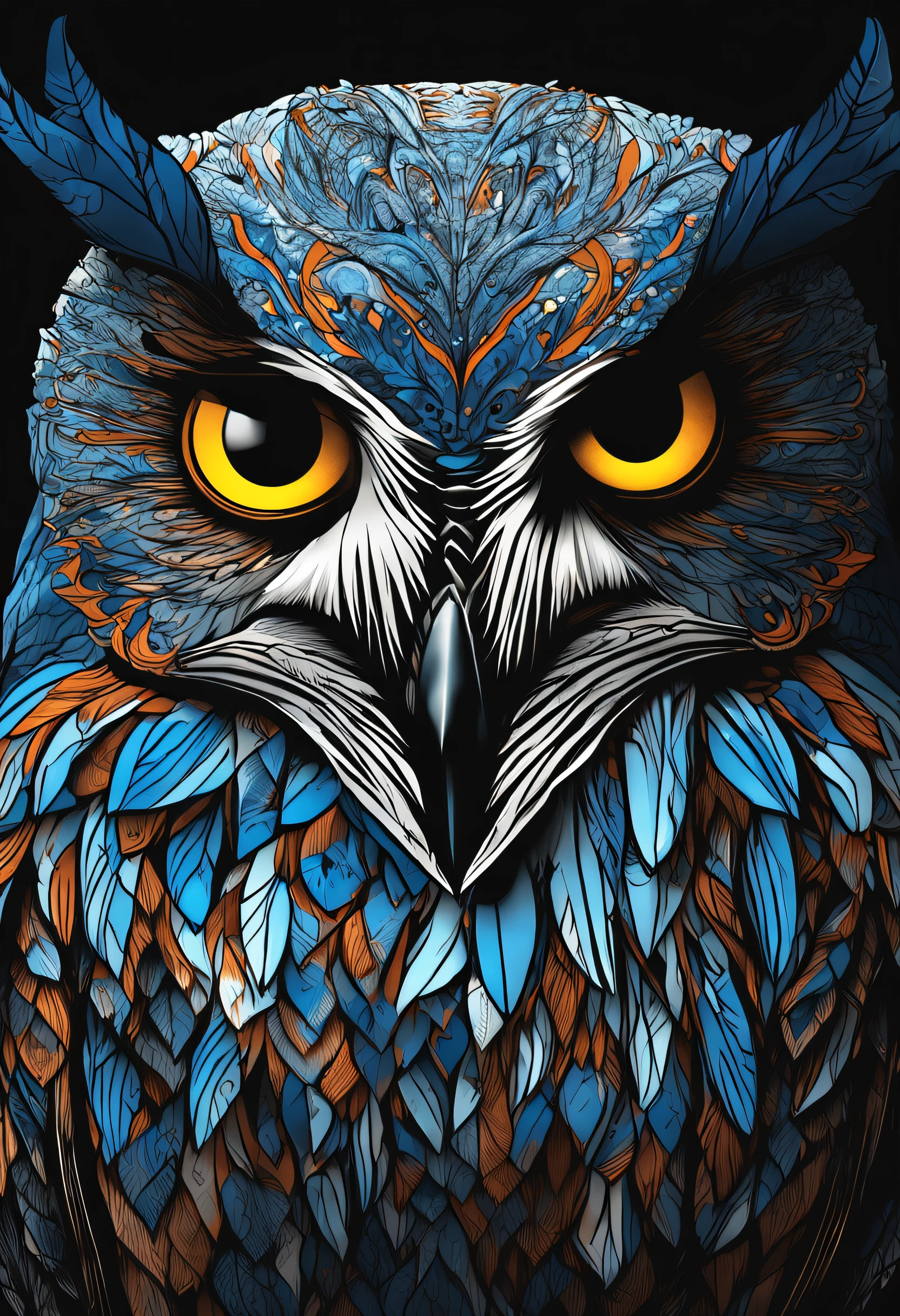 um close up de uma coruja com olhos azuis em um fundo preto, Coruja Radiante, criatura altamente detalhada, intrincado, coruja incandescente, the wisest of all owls, Grande arte digital com detalhes, coruja fofa com olhos grandes