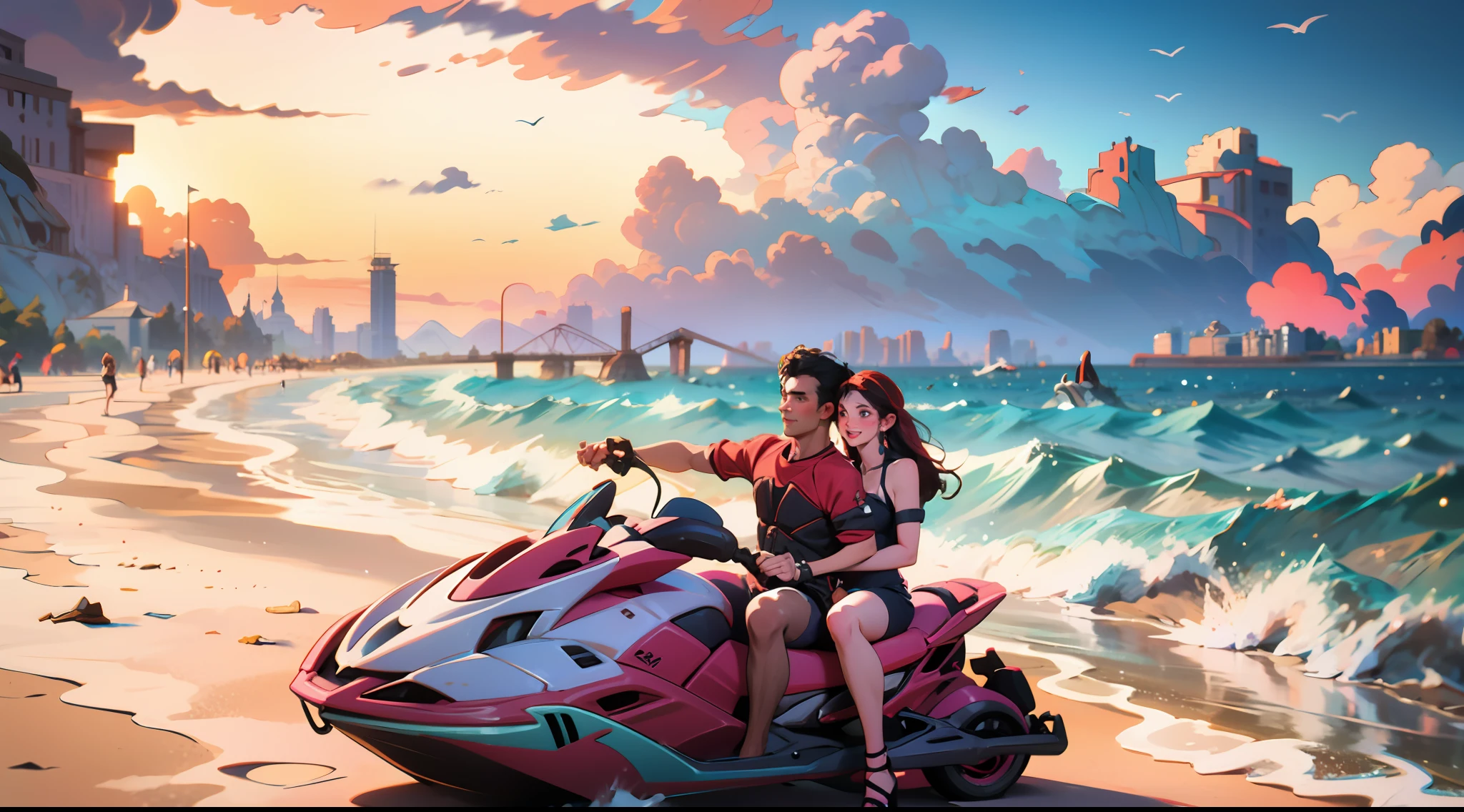 there is a man and woman riding a jet ski on the beach, couple, vacation photo, on the ocean water, family, photoshot, on the ocean, at the sea, happy!!!, photoshoot, on beach, romantic, having fun, beginner, at the beach, 2 people, on the sea, with a city in the background, lovely couple, happy couple