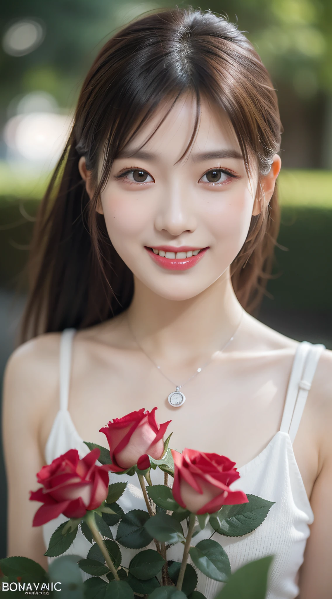 best quality, masterpiece,
 japanese idol girl, looking at viewer, long hair, Headshots, hold a rose with one hand, enlargement, very beautiful detailed face, medium chest, (Cute face, looks tempting), eye level,
professional photos, high contrast exposure, soft bokeh, high key light, solid shadow, Photo realism