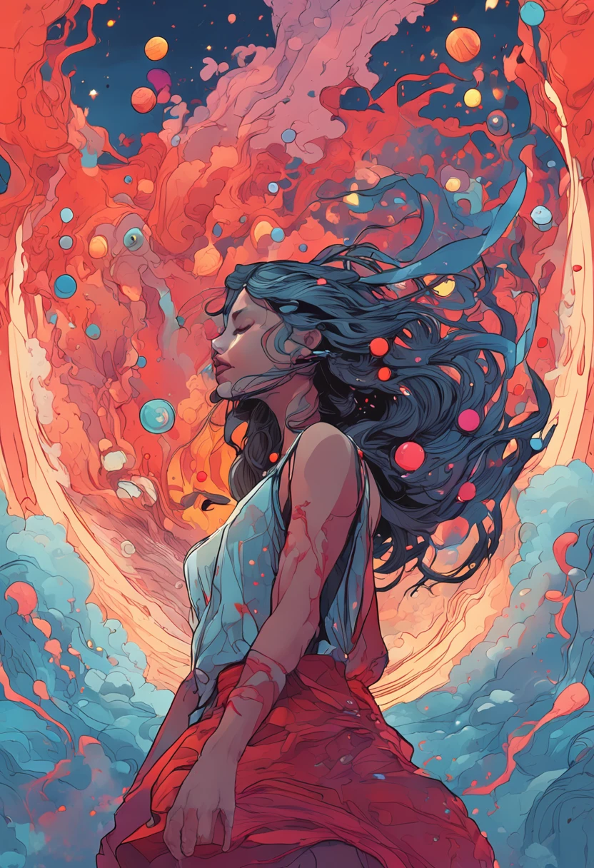 psychedelic, Horror, Bloody, Scary, Spooky, Fantasy space, Multiple planets, Fantasy Galaxy, 1girl in, full body Esbian, Portrait, Beautiful, Rainbow Light, Magical, High quality, Neat face、nice nose,Nice mouth,sea of clouds、the morning sun、Red and yellow、Splash Art、Lightning,[(Art by Android Jones:1.2)]、ultra-detailliert、Beautifully Aesthetic、​masterpiece、top-quality、ighly detailed、Most Beautiful Form of Chaos、elegent、vivd colour、barroco、Complex pattern、dynamic ungle