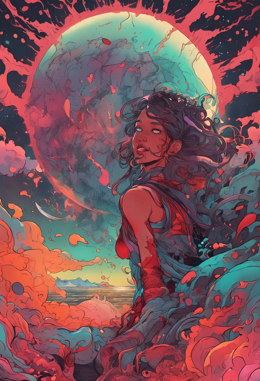 psychedelic, Horror, Bloody, Scary, Spooky, Fantasy space, Multiple planets, Fantasy Galaxy, 1girl in, full body Esbian, Portrait, Beautiful, Rainbow Light, Magical, High quality, Neat face、nice nose,Nice mouth,sea of clouds、the morning sun、Red and yellow、Splash Art、Lightning,[(Art by Android Jones:1.2)]、ultra-detailliert、Beautifully Aesthetic、​masterpiece、top-quality、ighly detailed、Most Beautiful Form of Chaos、elegent、vivd colour、barroco、Complex pattern、dynamic ungle