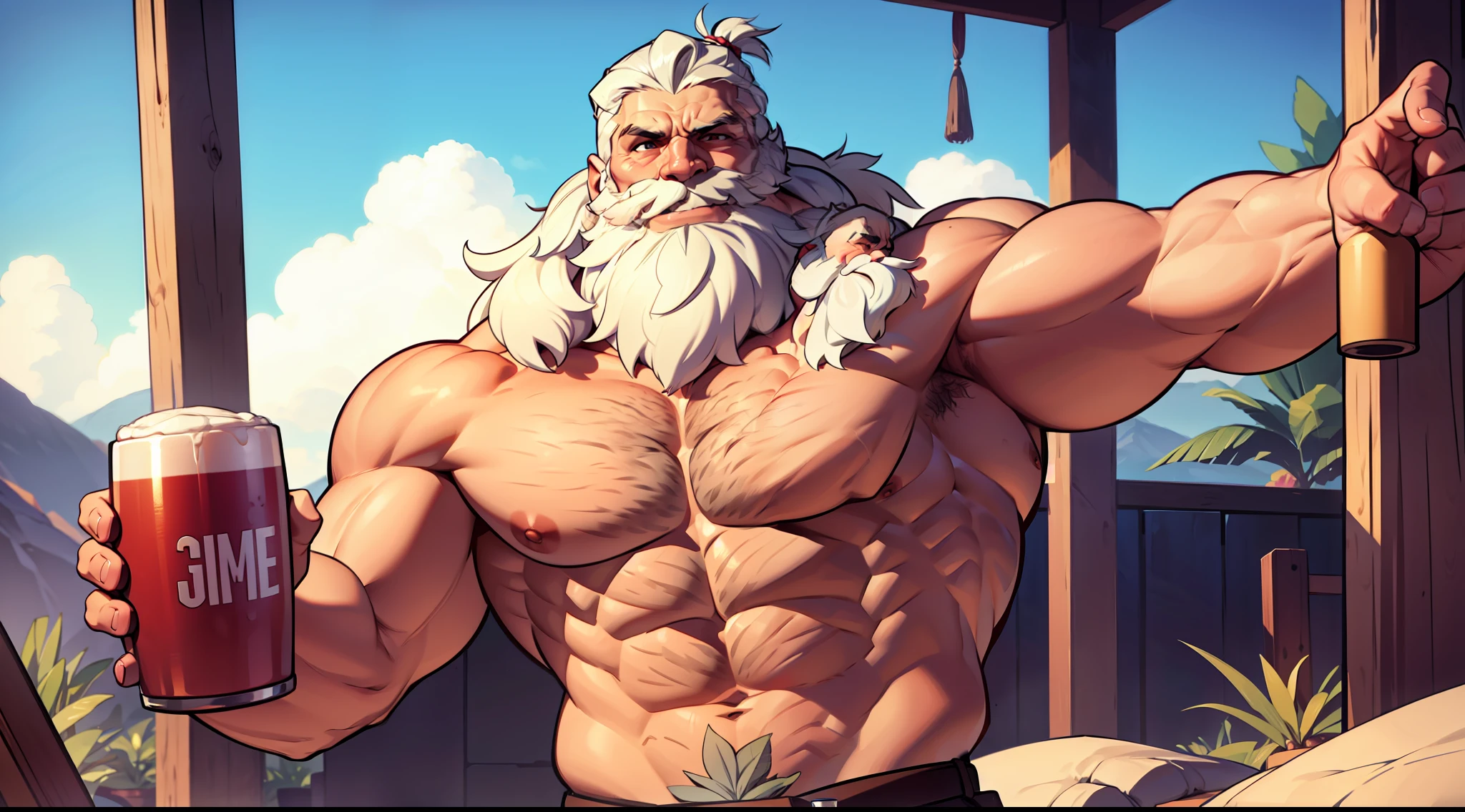 Upper body of bearded shirtless topless old muscular man showing bairy armpits and drinking a Bier, strong chest, strong arms, large muscles, white hairs, white beard, muscular, thick abs, pectorals, thick stomach, navel, large pectorals, thick wrists, both arms up, man bun hairstyle, big body, heavy muscular, long legs, happy