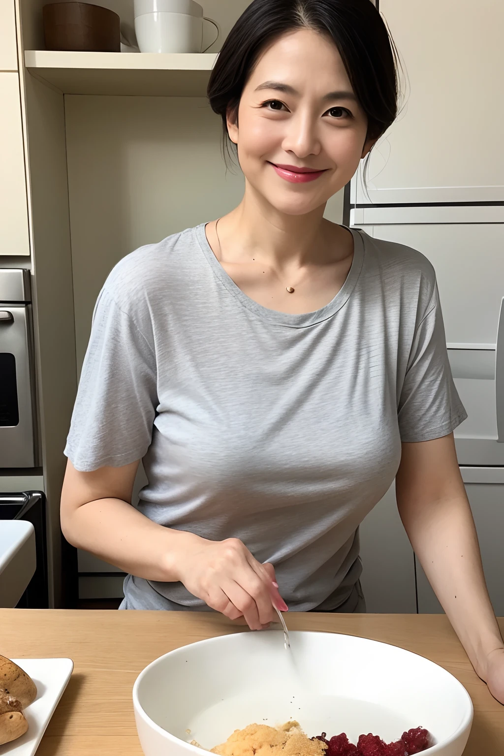 Solo Woman、A slender、A MILF、50 years old、Beautie、aunty、Facial wrinkles、beautidful eyes、large full breasts、Plain gray t-shirt、A smile、sexypose、full body Esbian、cooking