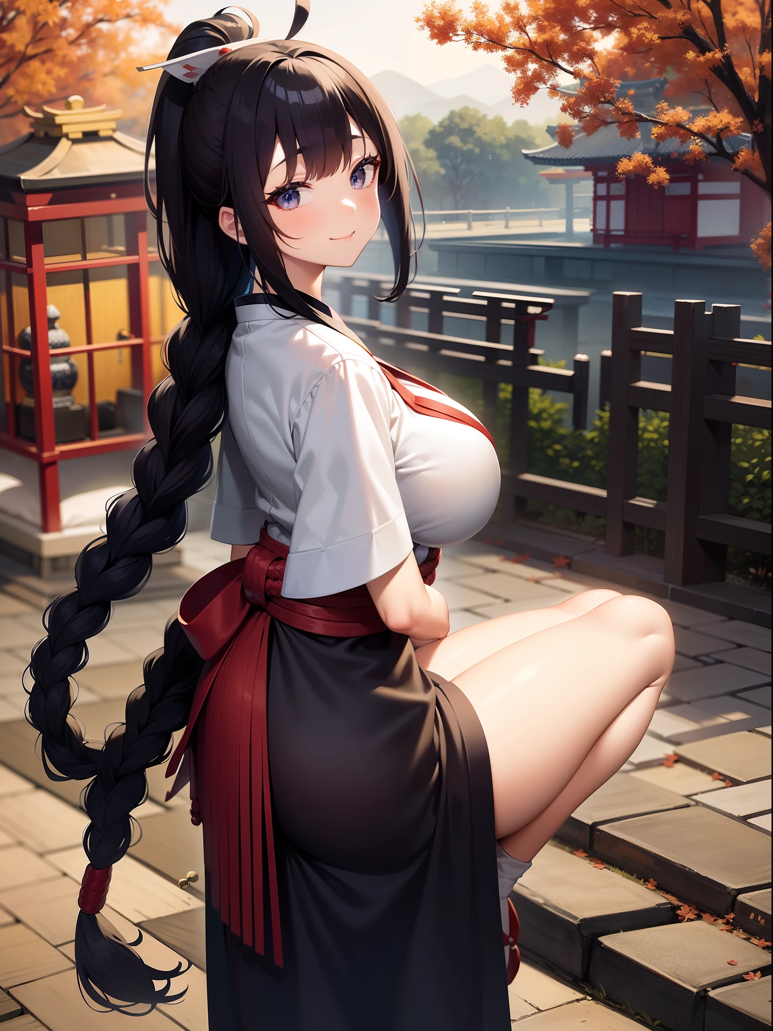 masutepiece, high quolity, Best Quality, Beauty Illustrated,8K,
kyoto,Traditional shrines, huge ahoge, huge-breasted, Black hair, braid, Ponytail, Smile,Looks Back,Seimei Abeno,Oriental Onmyoji,