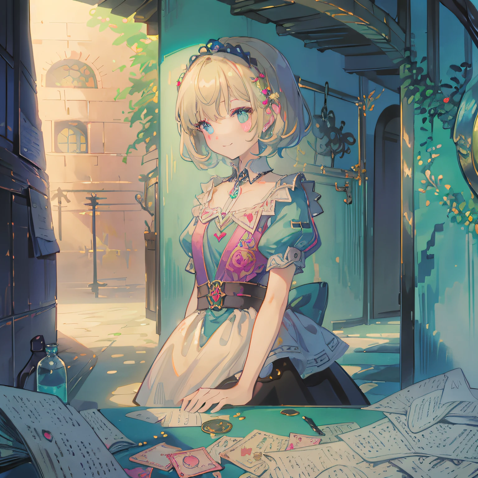 (masterpiece,8K,top-quality),(alice in the wonderland),girl with,Watches,trump card.heart mark,blondehair,((Soft light)),A smile,Wonderland,Blue Ribbon Hair Ornament,Heart Ace Playing Card