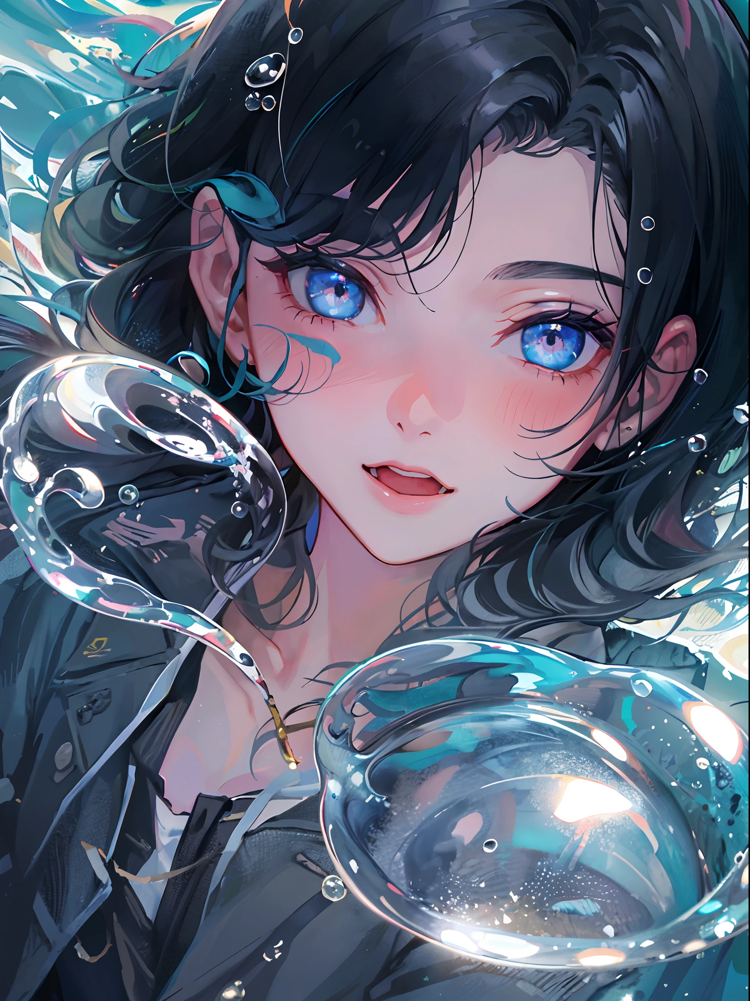 ((top-quality)), ((​masterpiece)), ((ultra-detailliert)), (extremely delicate and beautiful), girl with, 独奏, cold attitude,((Black jacket)),She is very(relax)with  the(Settled down)Looks,A dark-haired, depth of fields,evil smile,Bubble, under the water, Air bubble,bright light blue eyes,Inner color with black hair and light blue tips,Cold background,Bob Hair - Linear Art, shortpants、knee high socks、Camisole inner shirt