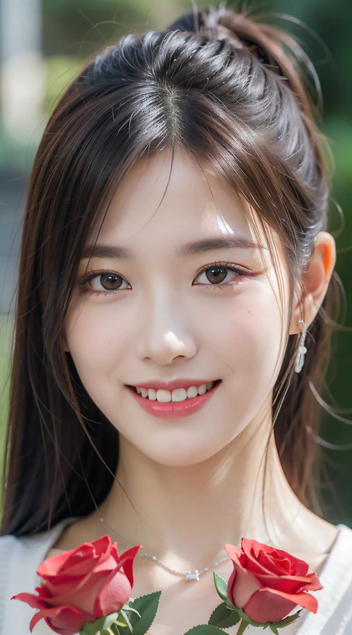 Garden covered with red roses on background, Silver hair, Front ponytail, eye reflections, red contact lenses, Pink eyes,Heterochromia, Wearing earrings, Blue Crystal Pendant,Evil smile, high detailing, romanticism lain, depth of fields, spark of light, Ray tracing, viewfinder, Zoom Layer, close-up, Bokeh, Anatomically correct, high details, 1080p, hyper HD