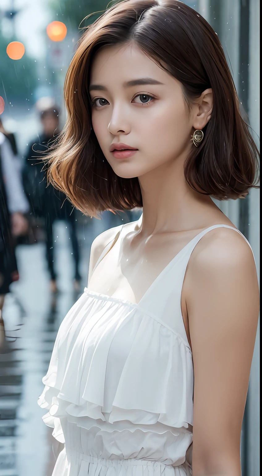 ((Realistic lighting, Best quality, 8K, Masterpiece: 1.3)), Focus: 1.2, 1girl, Perfect Figure: 1.4, Slim Abs: 1.1, ((Dark brown hair)), (White dress: 1.4), (Outdoor, Night: 1.1), City streets, Super fine face, Fine eyes, Double eyelids,