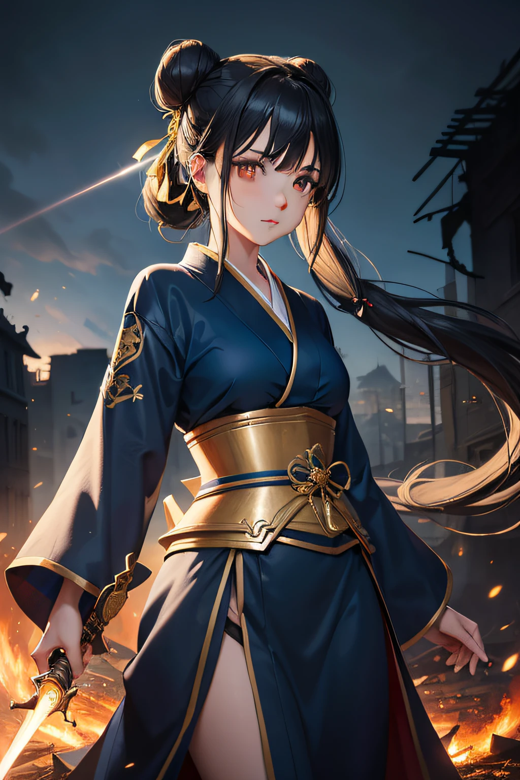 masterpiece, highest quality, female, long black hair up in bun, blue ribbon in hair, gold eyes, blue kimono battle armor, holding sword made of light, brilliant silver light shines off blade, dark atmosphere, ruins of destroyed city, undead demons blurred in background, chasing after