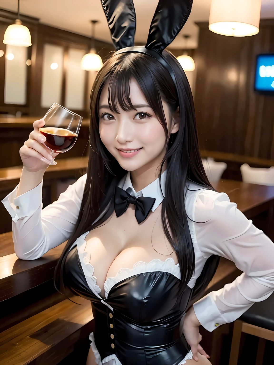 (4 k、top-quality)、(realisitic、Photorealsitic)、(Yakian)、
1girl in、独奏、fullllbody、(face to the viewer)、
perfect hand、up looking_で_the viewer、
whiteshirt、
outside of house、natta、mid night、Inside the bar、Holding a glass of whiskey in one hand、finerly detailed face、wearing round glasses、Slightly chubby、The best smile、You can see the double teeth、White ribbon、Light brown long curled hair,,(super gigantic breast, cleavage:1.2),(Black Bunny Girl Cosplay:1.3), (Cameltoe),35 year old、Panty T-back、Nogizaka Idol、actress、Korean Idol、hposing Gravure Idol,place one's arms behind one's back,raise both arm,(Aside)、