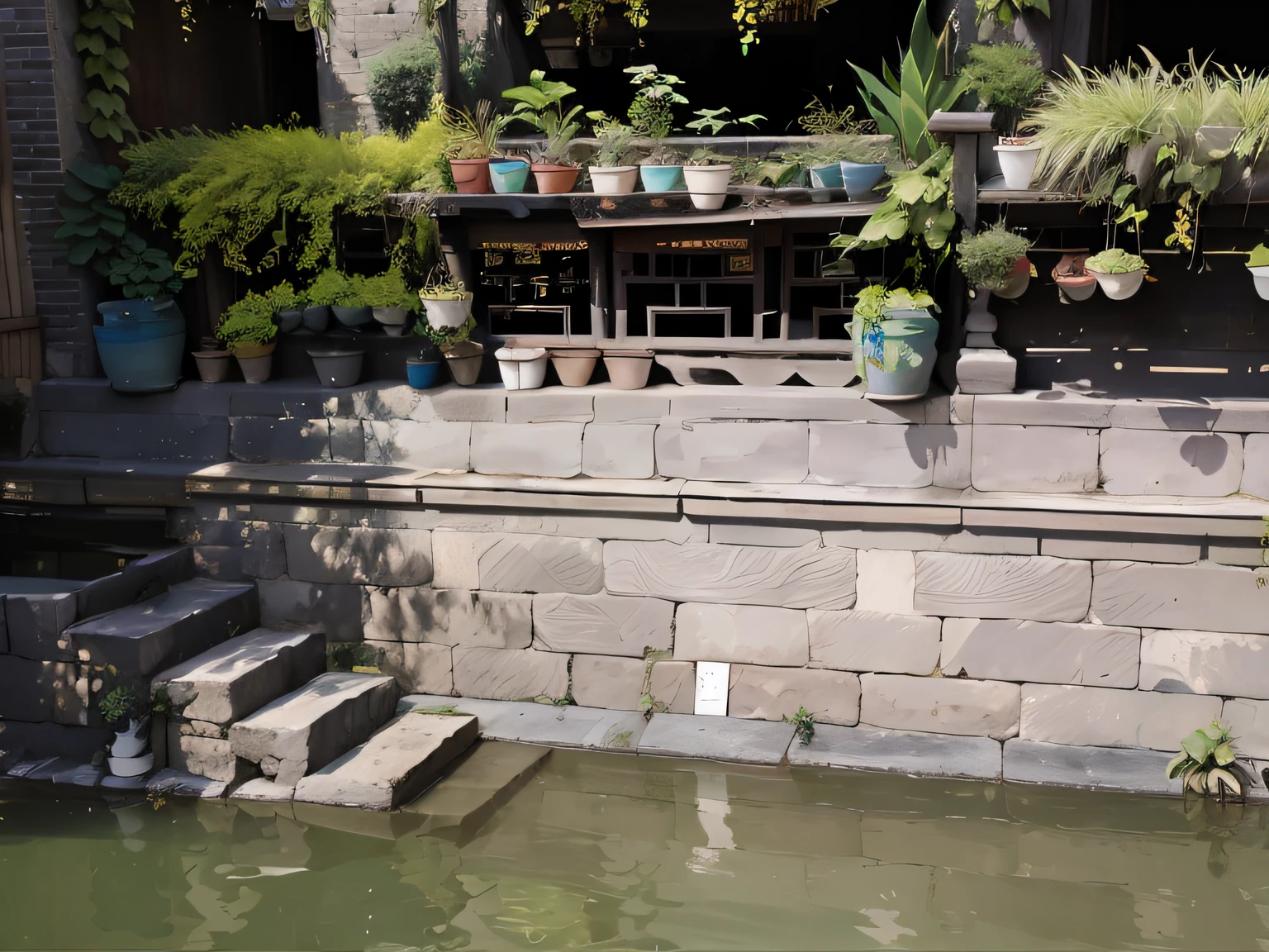 There are many potted plants on the ledges of the building, river with low hanging plants, zhouzhuang ancient town, plants on pots and on the walls, at the waterside, building along a river, with a fishpond and courtyard, overgrown with aquatic plants, Railings along the canal, Stagnant water, stream flowing through the house, spirited water plants