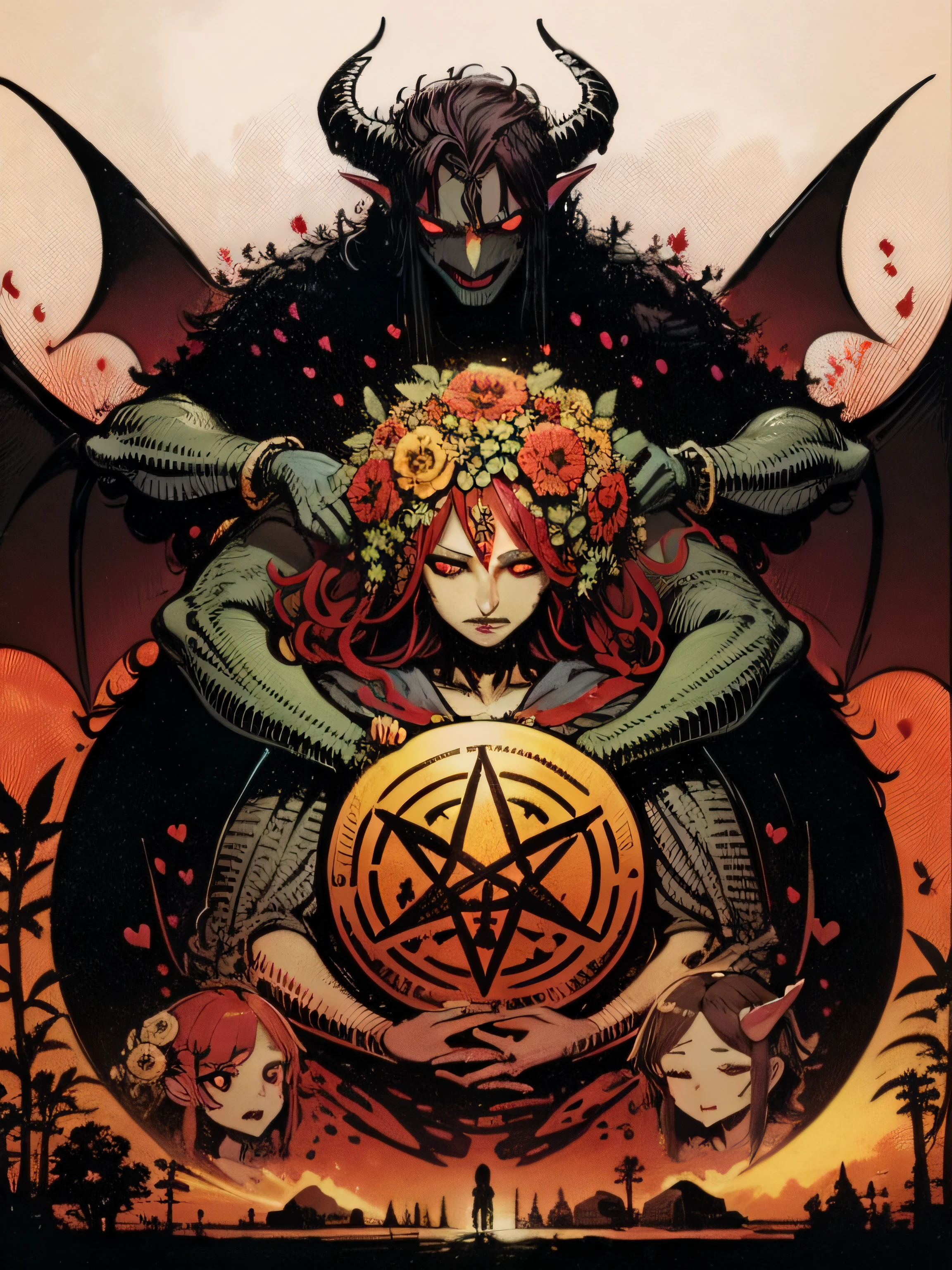 Make a tarot-style picture of a couple with two faces, one angel and one demon, and then reflect their two faces