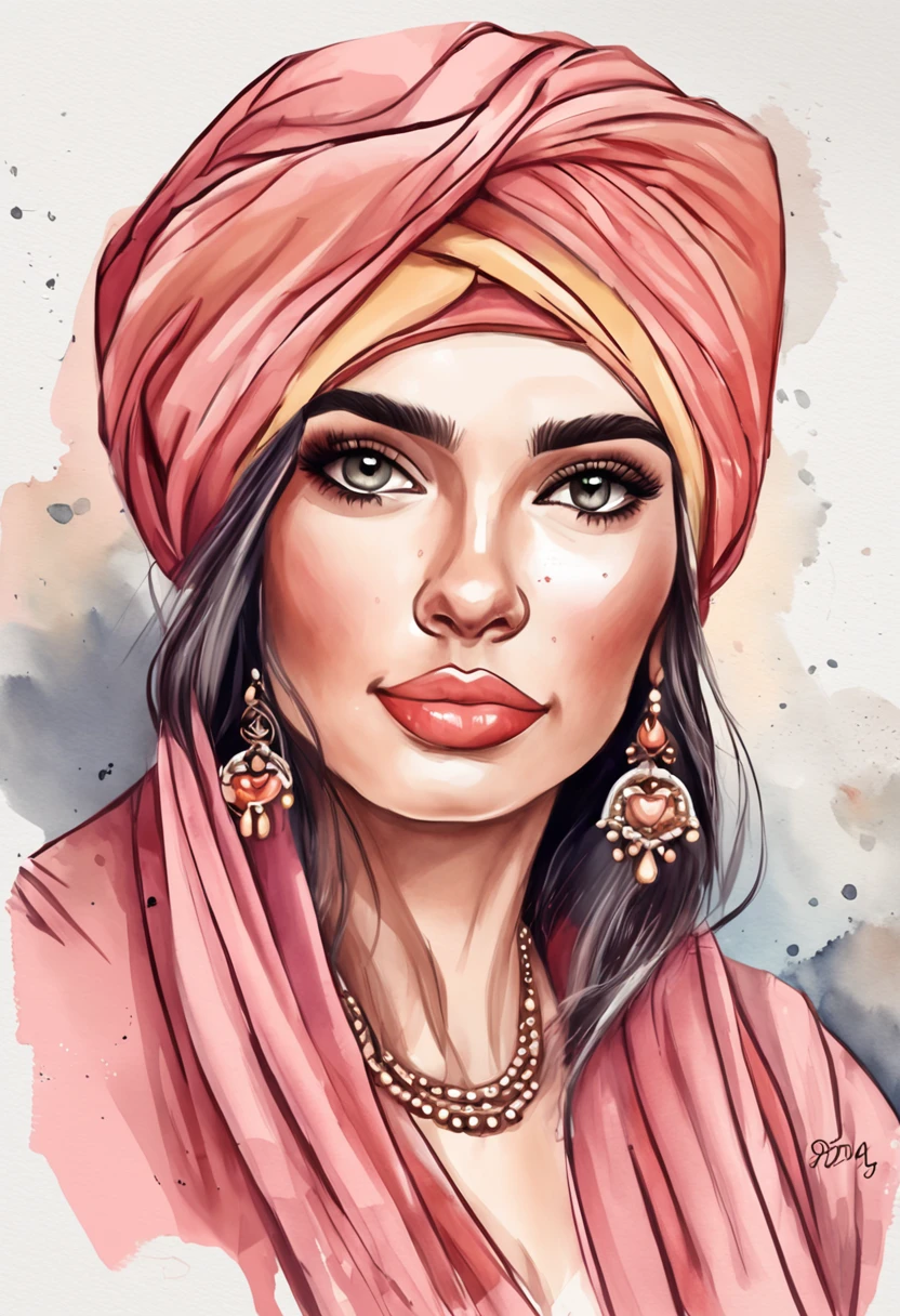uma pintura de uma mulher com um turbante rosa e um colar, trending on artstration, Cartoon style illustration, in illustration style digital, pintura realista da menina bonito, digital illustration portrait, Epic portrait illustration, estilo de arte dos desenhos animados, estilo de arte impressionante, pintura digital dos desenhos animados, Madison Beer Girl Retrato, Beautiful digital illustration, arte dos desenhos animados, realistic digital illustration
