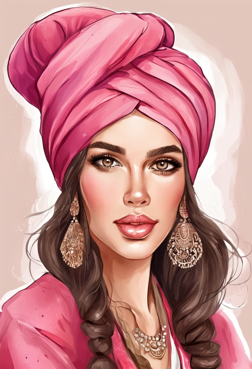 uma pintura de uma mulher com um turbante rosa e um colar, trending on artstration, Cartoon style illustration, in illustration style digital, pintura realista da menina bonito, digital illustration portrait, Epic portrait illustration, estilo de arte dos desenhos animados, estilo de arte impressionante, pintura digital dos desenhos animados, Madison Beer Girl Retrato, Beautiful digital illustration, arte dos desenhos animados, realistic digital illustration