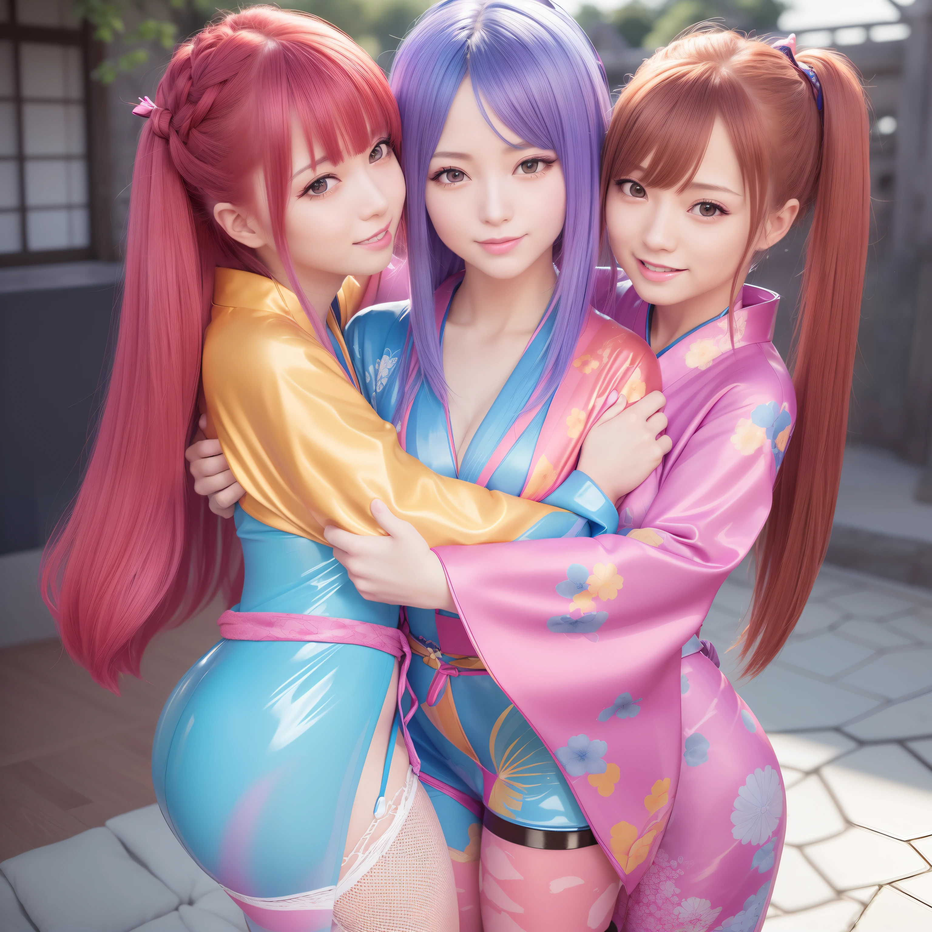 masutepiece,A hyper-realistic,32K,the Extremely Detailed CG Unity 8K Wallpapers, Best Quality,2 girls,(Hugging each other:1.2),(Wearing colorful latex japanese kimono:1.3),(Fishnet stockings are worn tight:1.1),beautiful glowing pink eyes,Rainbow Twin Tail Hair,Full body shot,In front of castle,A smile