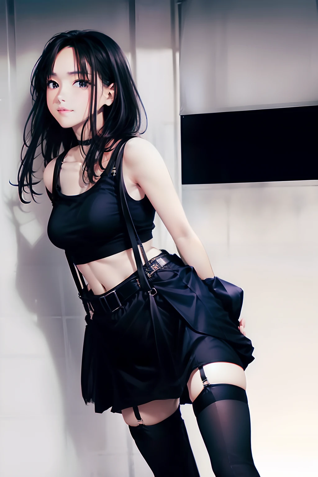 Top quality, masterpiece, , ultra high resolution, (photorealistic: 1.4), raw photo, single girl, black hair, shiny skin, , full body,, full body photo, black underwear, huge breasts, high exposure, standing pee