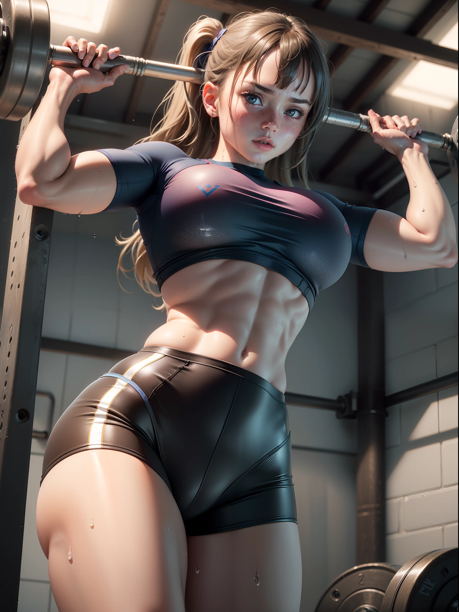 (8K, Raw photo, Best Quality, masutepiece:1.2), (Realistic, Photorealsitic:1.37),1 girl,Cute, (Solo),A detailed face, Dramatic Angle,
,Weightlifting Uniform,Look away,Sporty,Wet skin,Sweat,Large breasts,Trained abs,Nice　Legs,　　Weightlifting Venue ,