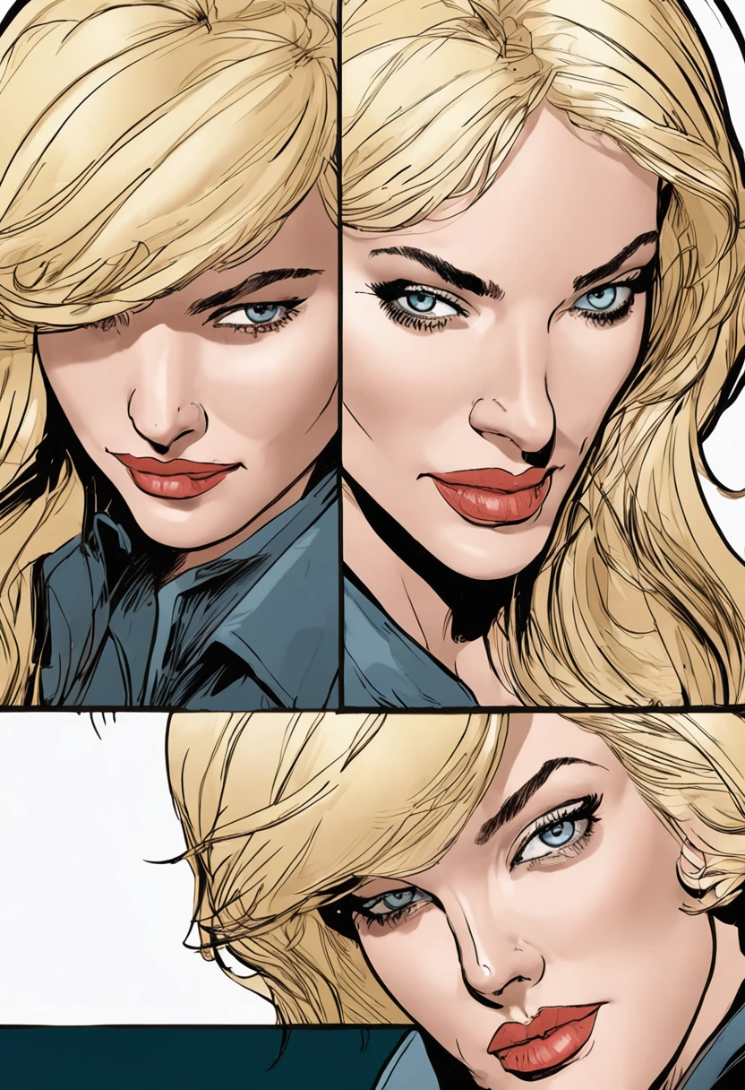 Panel 1: A full-page panel showcasing Sharon Stone at 27 years of age, smiling at the reader with a confident smirk. Her lustrous blonde hair cascades in loose waves around her shoulders, framing her strikingly beautiful face. Her bright blue eyes shine with an allure that seems almost ethereal as she stares directly at the reader.

Panel 2: A close-up of Sharon Stone's eyes, framed by subtly arched eyebrows that convey her determination. Her eyes glisten with an electric intensity, drawing the reader in with their mystique.

Panel 3: A side-view of Sharon Stone, her lips pursed in a sultry pout. Her full lips are painted a bold shade of red, adding to her magnetic charm. Her chin is raised slightly, adding to her commanding aura.

Panel 4: A three-quarter view of Sharon Stone, standing tall and confident with an assertive posture. Her shoulders are set back, emphasizing her poise and grace. Her body language exudes the German assertiveness for which she is known.

Panel 5: A close-up of Sharon Stone's face as she glances over her shoulder. Her hair falls in gentle waves down her back, adding to her ethereal beauty. Her eyes are ablaze with an undeniable allure that is impossible to resist.

Panel 6: A full-page panel of Sharon Stone, standing tall and proud. She stares directly at the reader with the confidence and charisma that made her such an iconic beauty. Every aspect of her appearance, from her lustrous blonde hair to her bold red lips, exudes the undeniable allure that drew millions to her over the years.