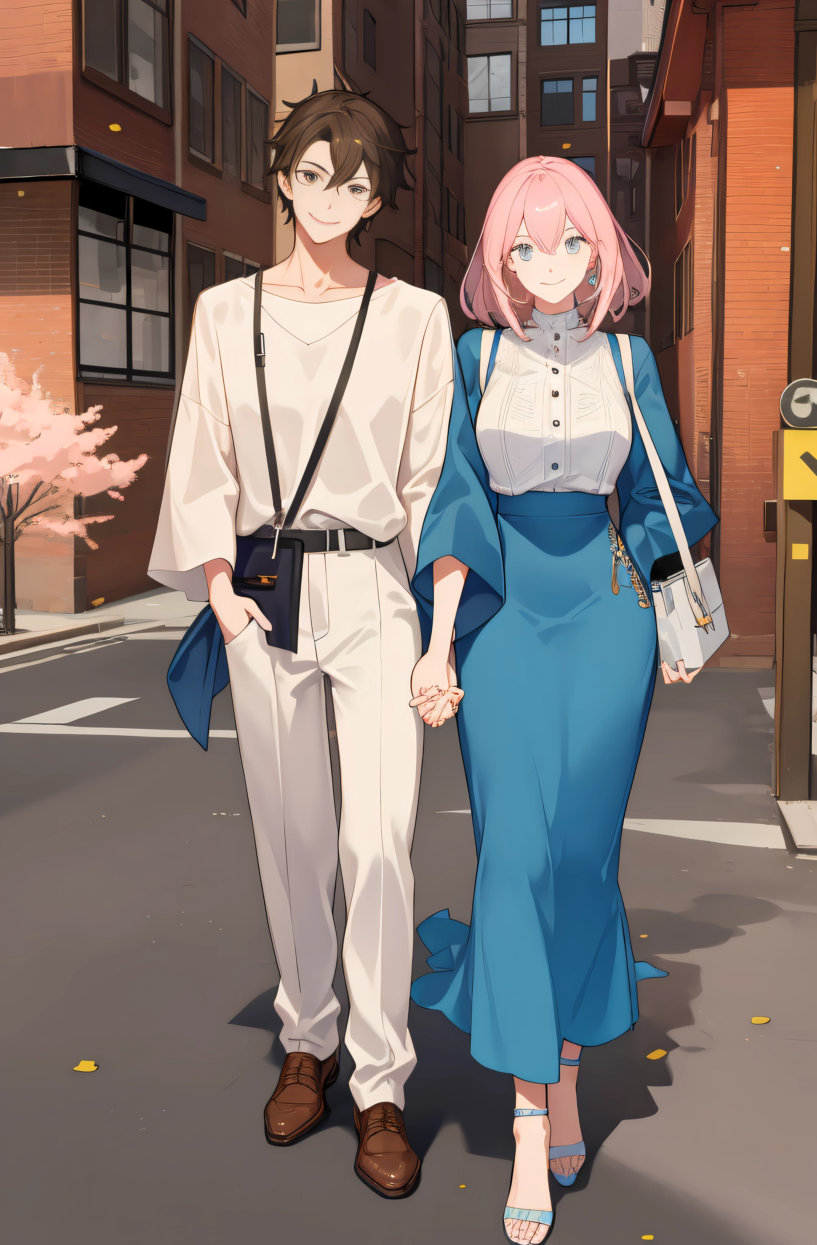 masterpiece, best quality, 2others, couple, 1man with 1woman, mature, adult, Height difference, different fashion, different color, finely detailed eyes and detailed face, intricate details, casual clothes, oversized shirt, modern urban street, holding hands, smile, happy, love