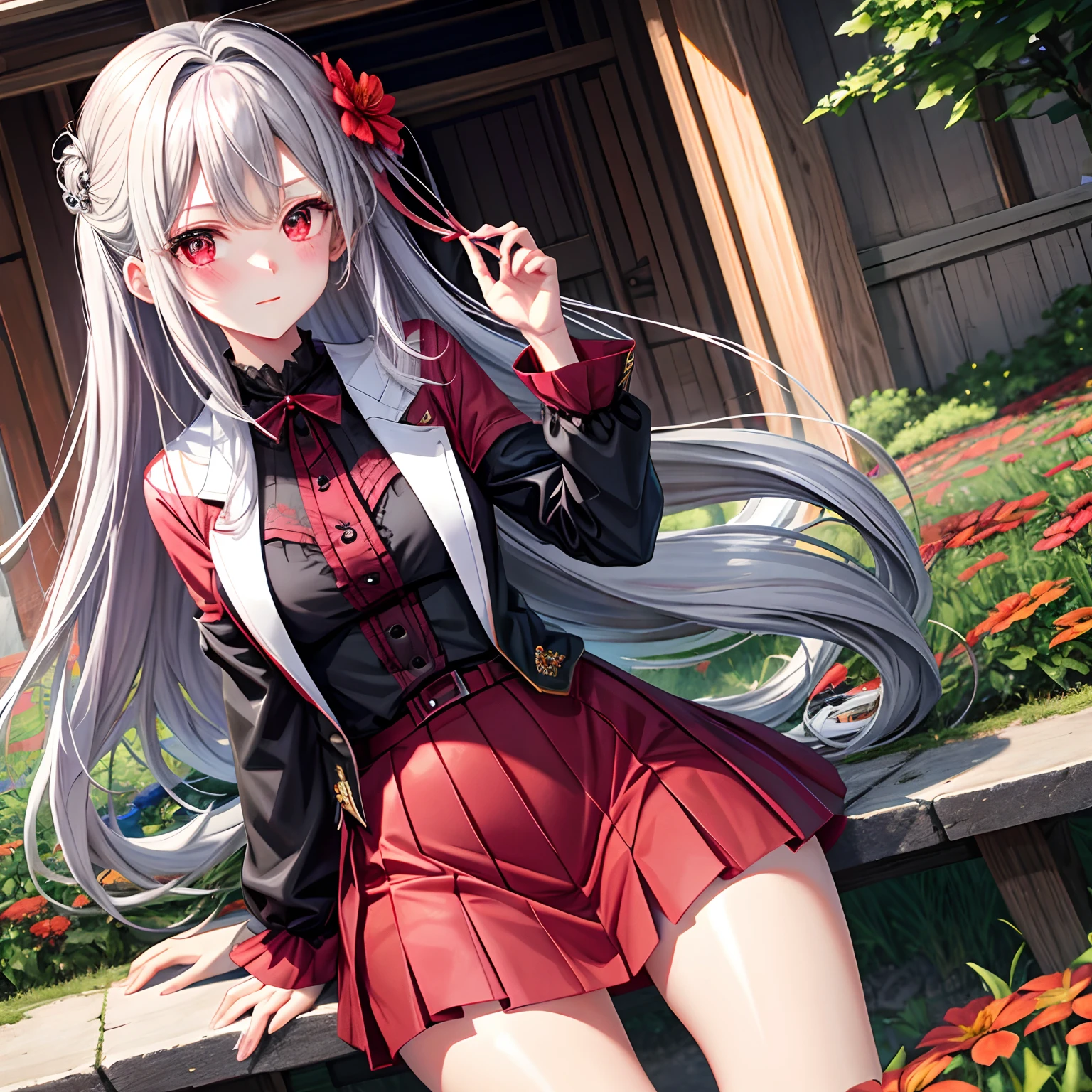 red blush、Permed gray hair、red eyes、Beautiful girl alone、animesque、独奏、a miniskirt、A sexy、flower field、