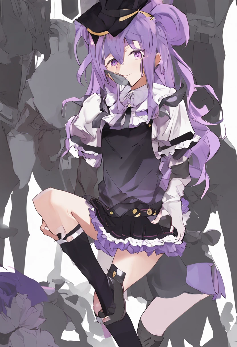 2 d anime style、pixiv、Anime style、anime illustrated、from arknights、Anime girl with purple hair and black and white shirt, shalltear from overlord, anime moe art style, Lori, noire, lolish, small curvy loli, purple and black, gapmoe yandere grimdark, Gapmoe Yandere, anime girls in maid costumes, hana yata, zerochan、Long vertical ribbon