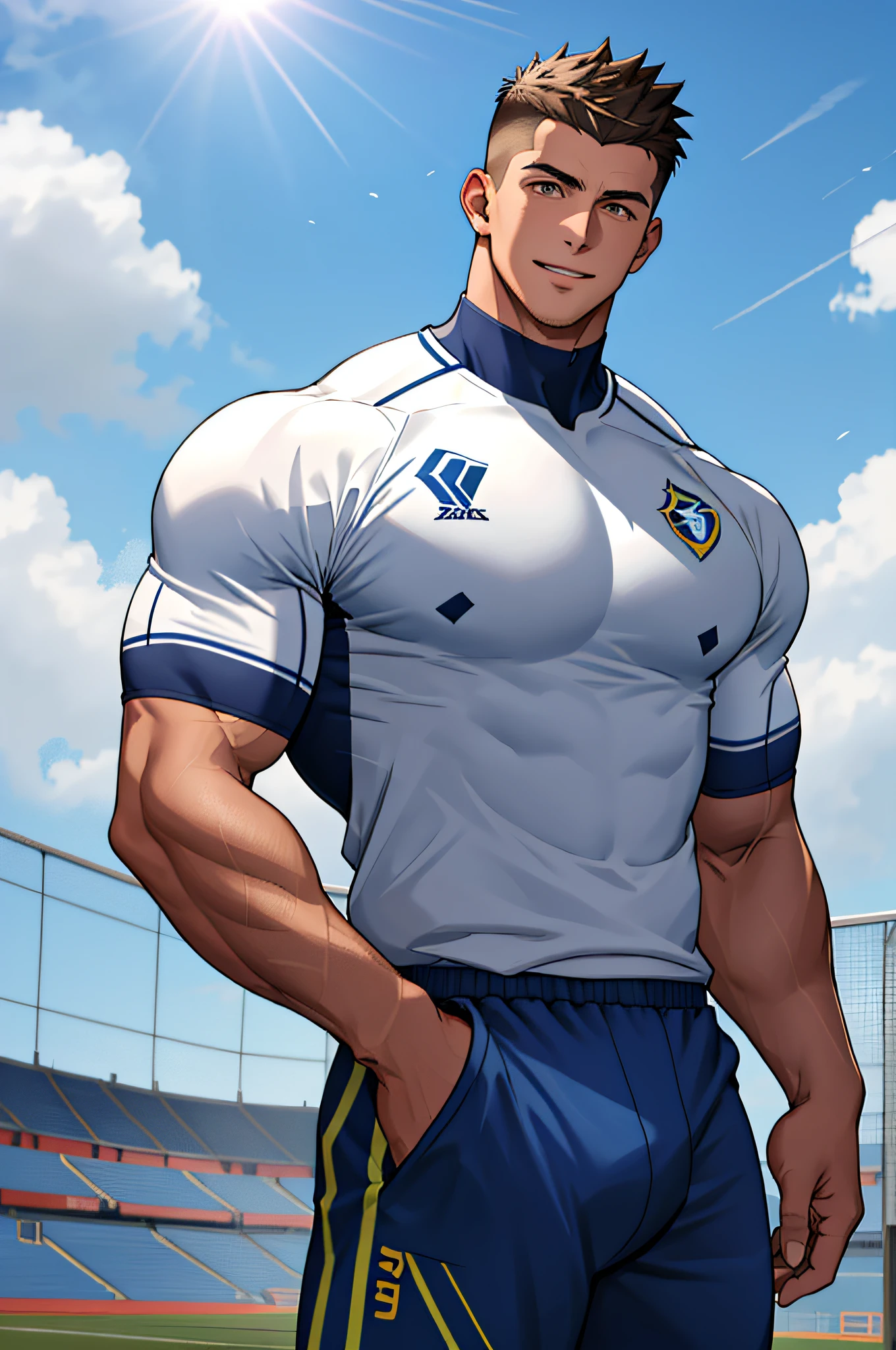 Draw a full-fledged athlete,Stand on the central field of the gym,He wears high-end sportswear,The man looks confident and determined,rays of sunshine,cheerful big breasts,Handsome,Crew cut,full bodyesbian,shooting from below,