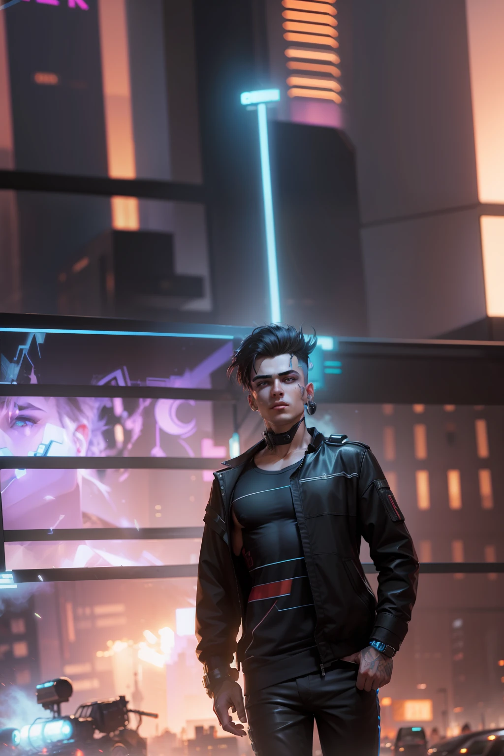 Change background cyberpunk handsome boy, realistic face,8k, ultra realistic