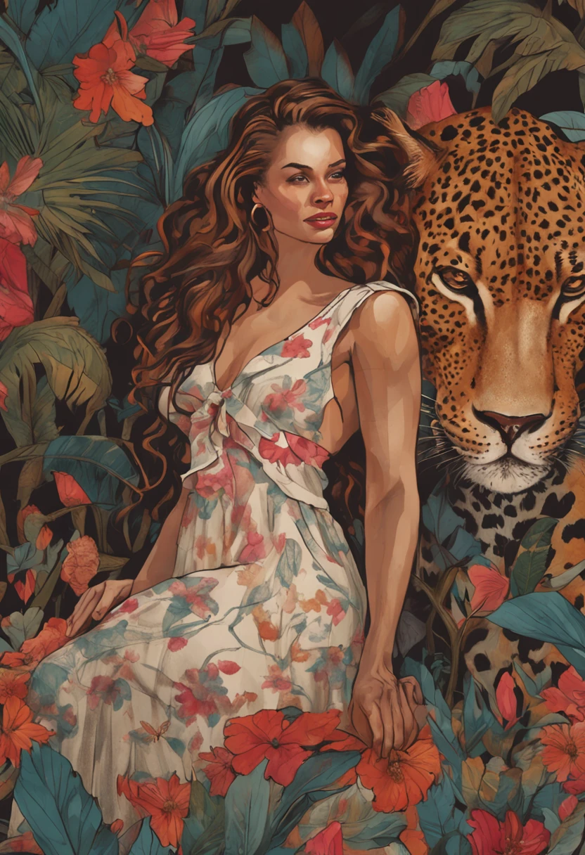 uma pintura mulher branca com cabelo vermelhos, vestindo um vestido estampa de leopardo