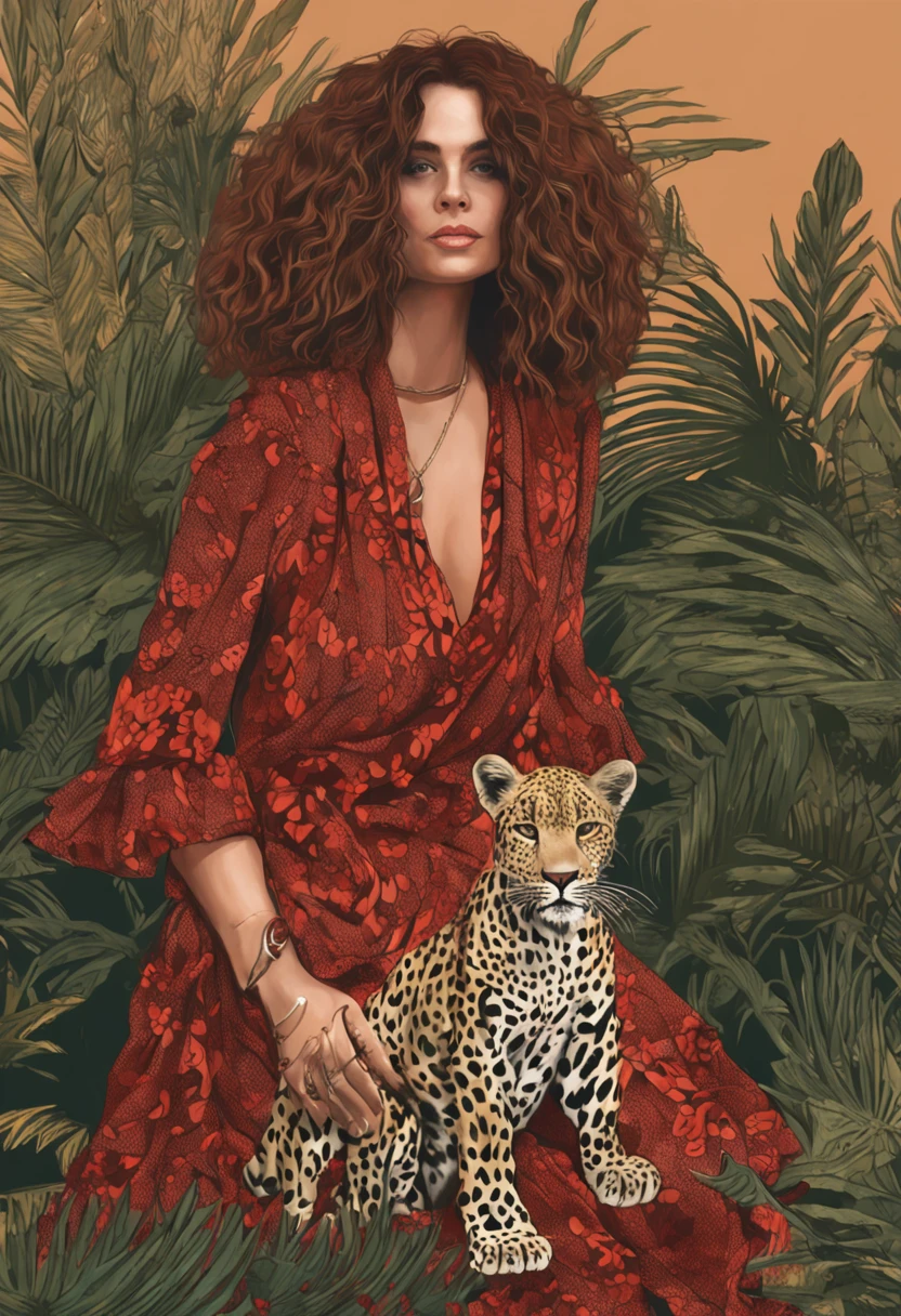 uma pintura mulher branca com cabelo vermelhos, vestindo um vestido estampa de leopardo