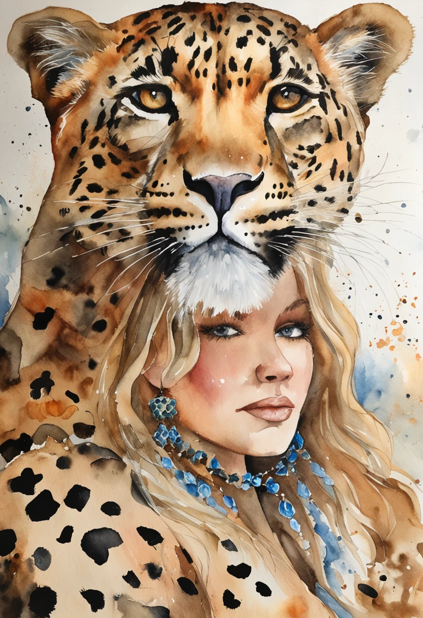 uma pintura mulher branca com cabelo vermelhos, vestindo um vestido estampa de leopardo