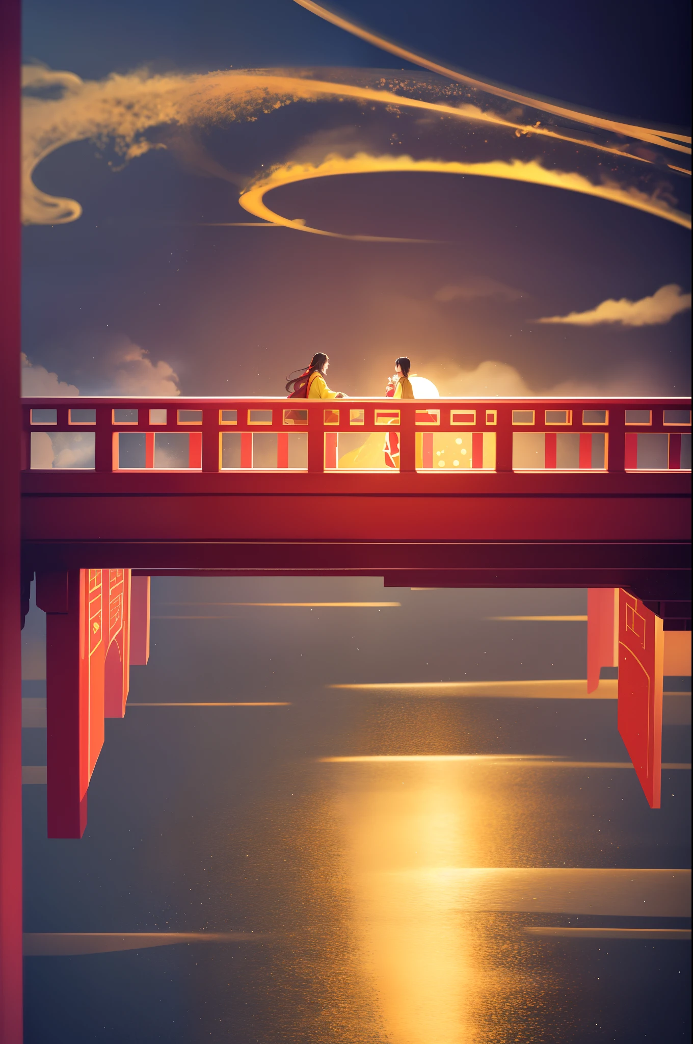With a red and yellow theme，A wooden arched bridge floats in the sky，A man and a woman meet on the bridge，Wearing ancient Chinese Hanfu，Under the bridge is covered with auspicious clouds，Big Golden Moon，4K，Chinese painting style，cinematric light，Front view，Strong contrast，