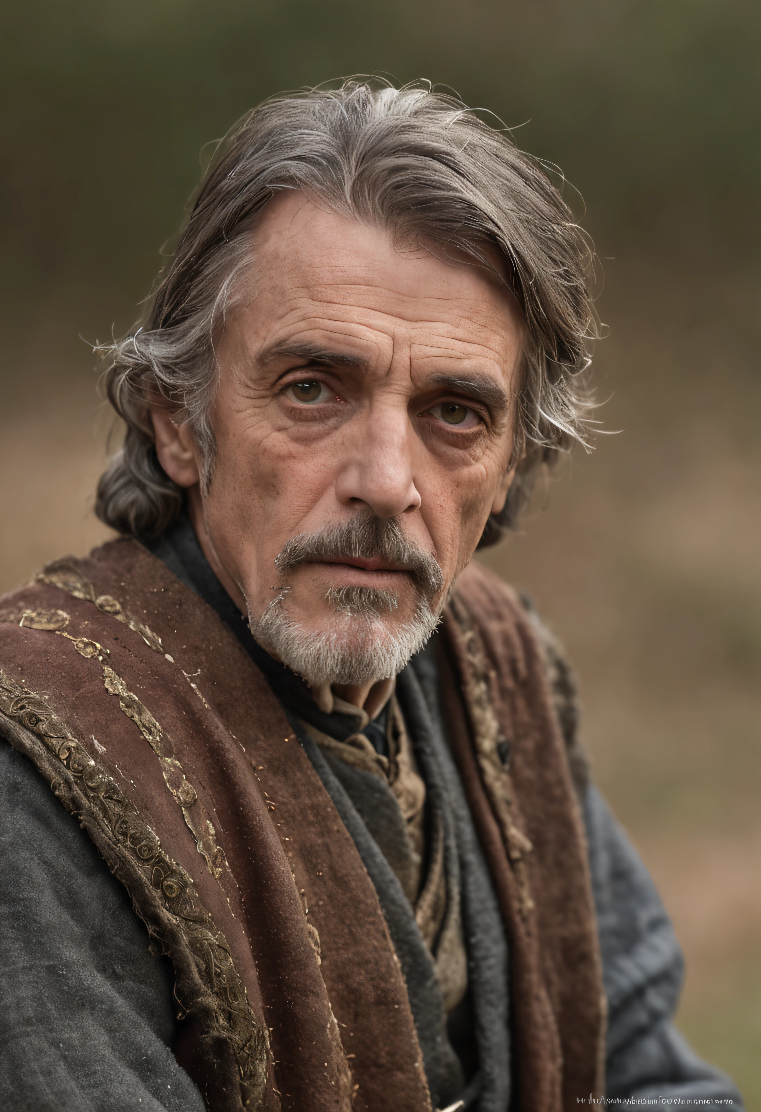 Portrait Photography, face shot of a mix between Jeremy Irons and Ian McShane as a medieval fantasy 50 year-old shepherd, wrinkly, revolting looks, short salt and pepper hair, goatee, serious expression, medieval fantasy shepherd clothes, in a medieval countryside, The colors are masterfully captured by Nikon D850 and a Nikon AF-S NIKKOR 70-200mm f/2.8E FL ED VR lens, Peter Jackson, fantasy, historical