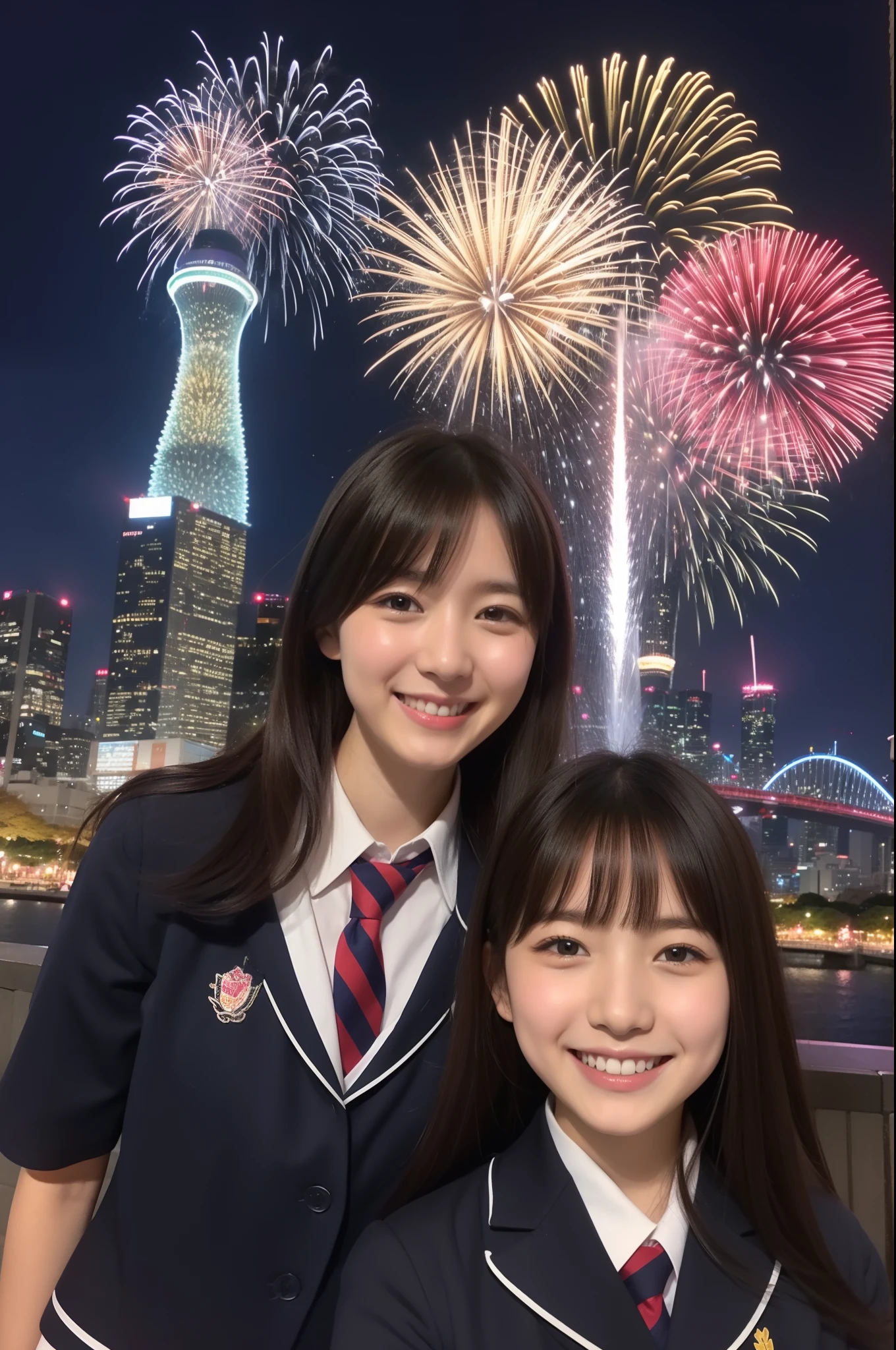A smile、hi-school girl、校服、While doing fireworks、mare、Tokyo Skytree、cherry trees