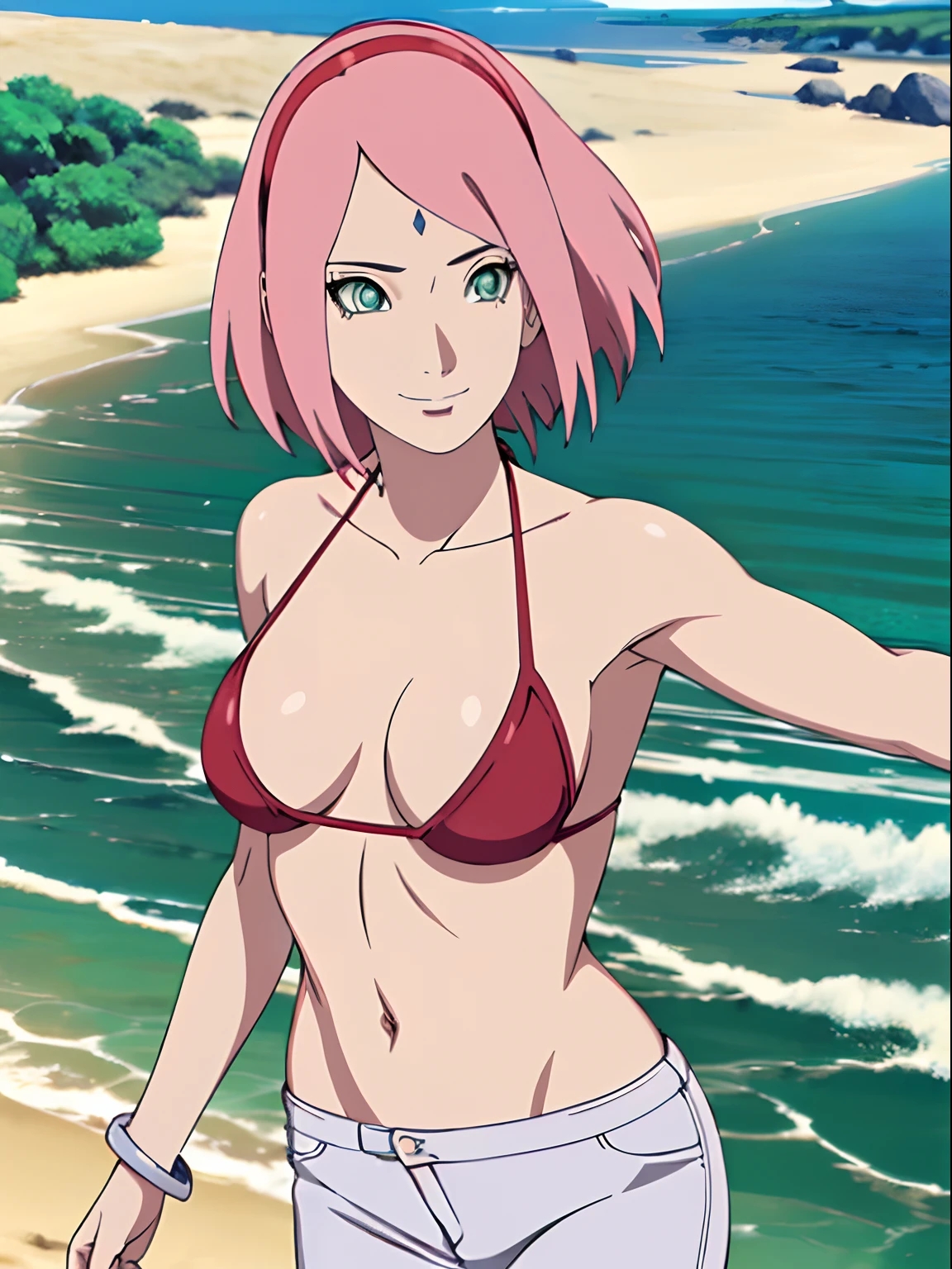 masterpiece, 4k, portrait, anime style, cowboy shot, professional artwork, detailed beach background, intricate details, colorful, digital blending, (ultra detailed body, ultra detail hair, ultra detail face), trending on pixiv, kind smile, best quality, anime style: 1.9, 1girl, hires, haruno sakura, (forehead mark, milf, red hairband, pale skin, small breasts, short hair, ((bare neck, red (micro) bikini top, (bikini top only)), white pants), (navel, belly button, bracelet, pink hair, closed mouth, big eyes), smile, beach, wind, floating hair, detailed arms, off-shoulders, broad shoulders, (slightly muscular arms, slightly strong biceps), standing)