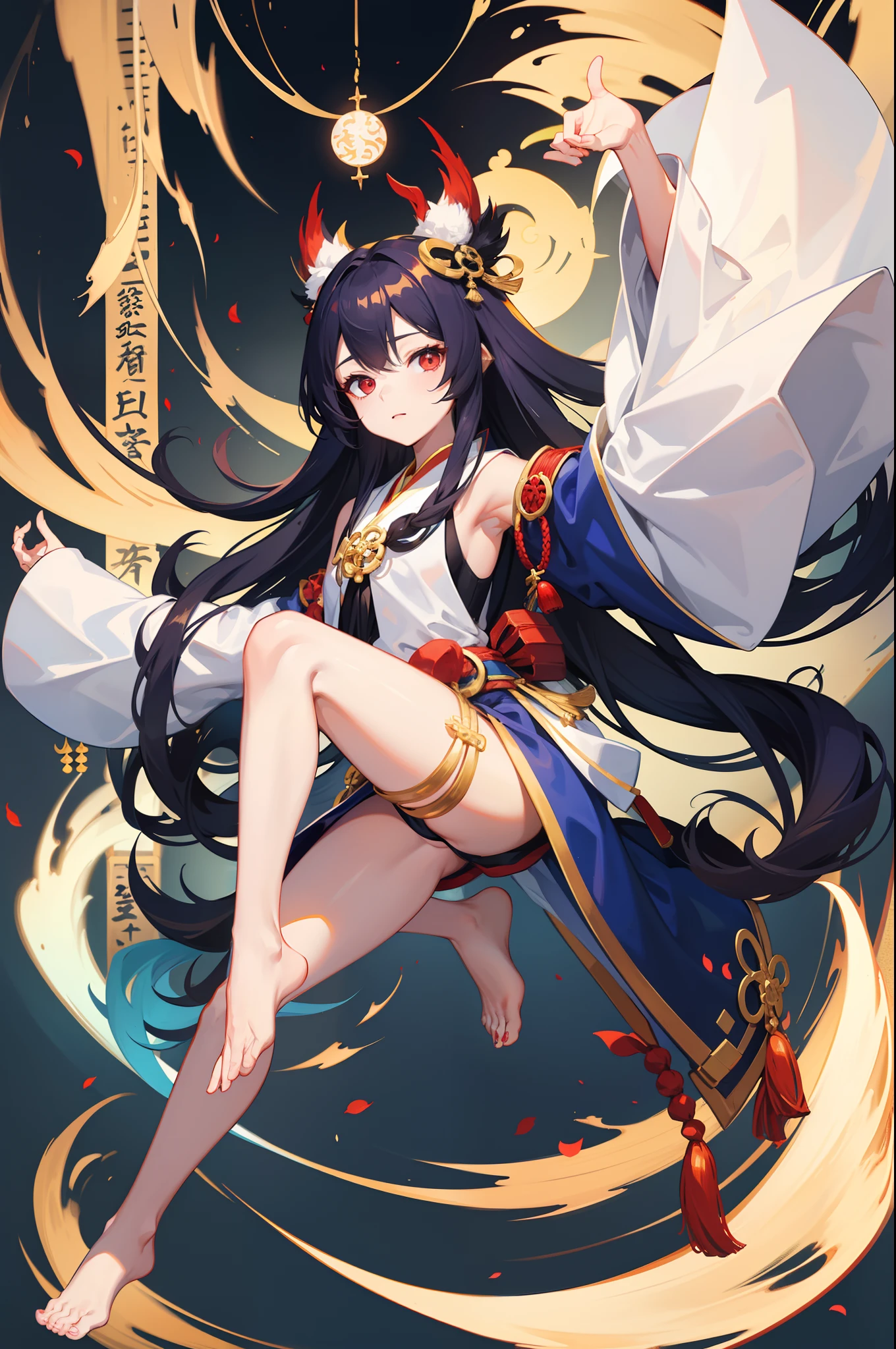 female Onmyoji, casting pose, petite, cute aura, student body shape, loose outfit, no underwear, holding Talisman with two finger, magic circle background