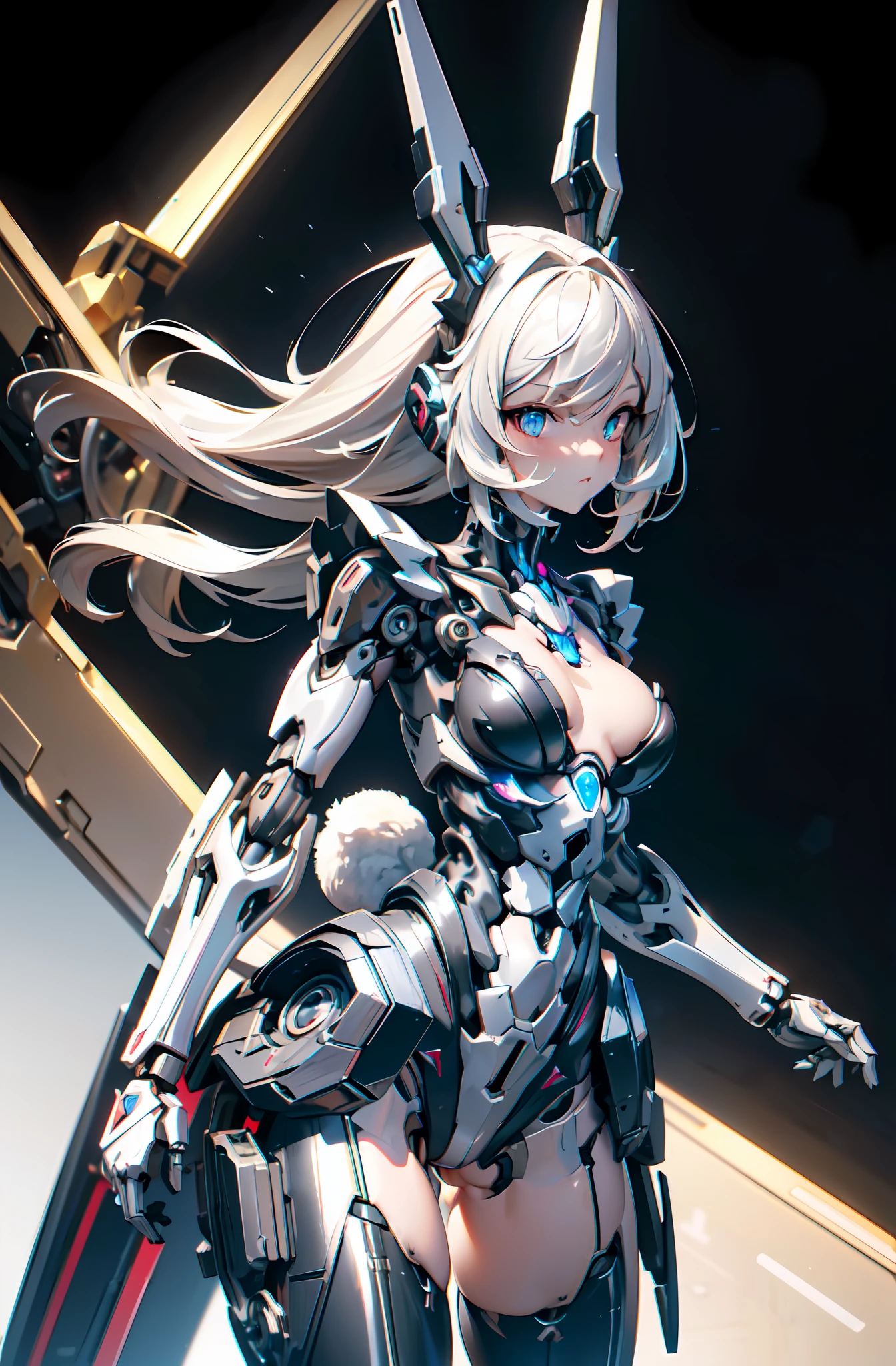 (naked cleavage), robot, masterpiece face, masterpiece eyes, (feminine machine body), (black color machine joints, Mechanical skelton and Artificial muscle:1.3), mechanical skin, machine flanks, (Machine internal structure exposure:1.2), (red long hair), (mechanical leotard), rabbit ears, rabbit tail, cowboy_shot, side focus, shiny, cyber punk, Masterpiece, best quality, captures a super cute moment, depth of field, ultra detailed, ultra high resolution, C4D, Octadale, 3D modeling, 8k, 16k,