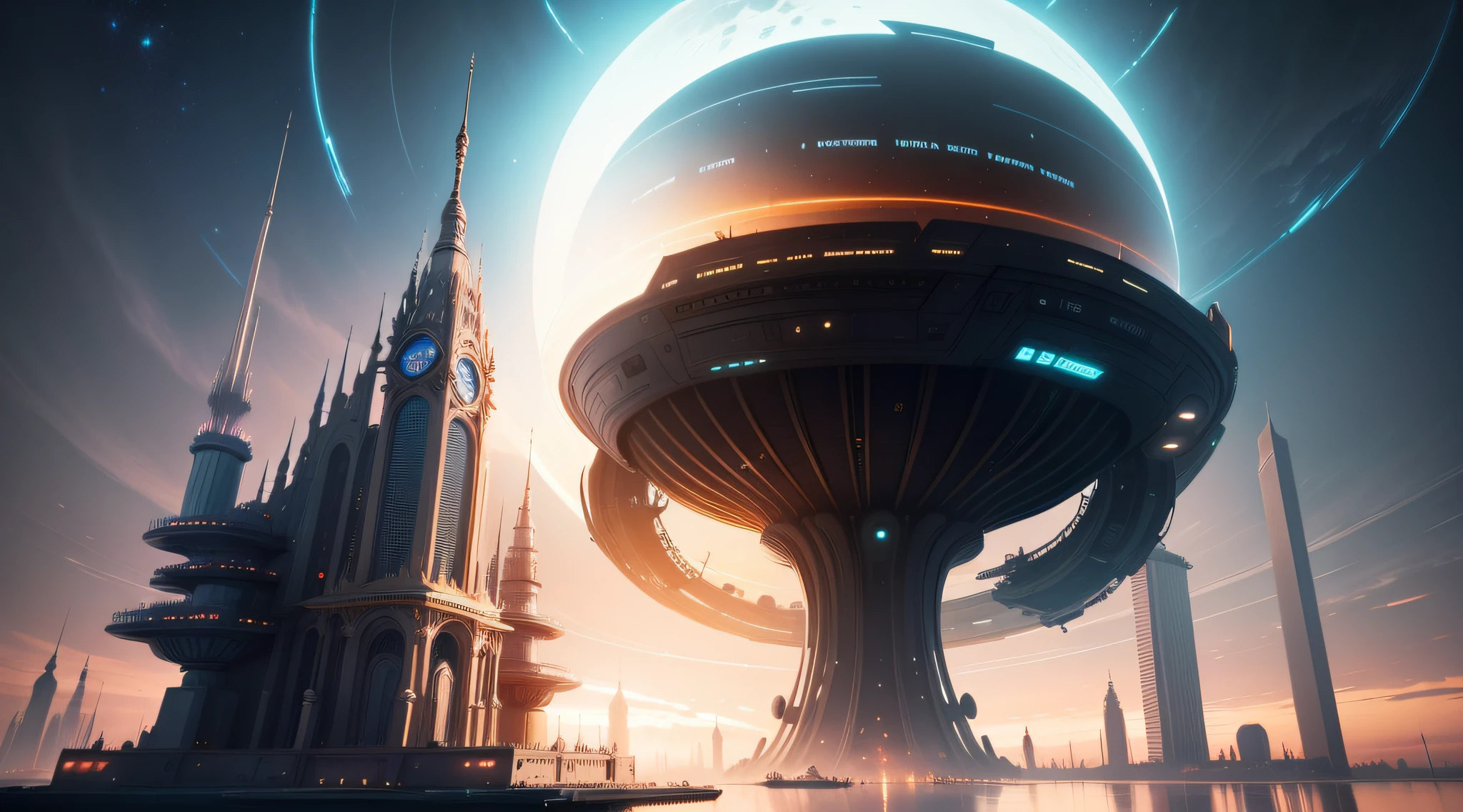 Futuristic city with a huge clock tower and a planet in the background, concept art inspired by Beeple, cgsociety contest winner, Digital art, arstation and beeple highly, futuristic space port, huge futuristic temple city, 8 K high detail concept art, 3 d render beeple, russian orbit city cityscape, detailed futuristic architecture