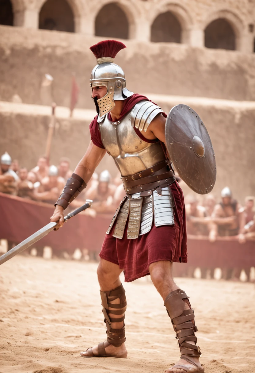 "A fierce gladiator is fighting in a battle against other gladiators in a medieval arena with an audience watching the fight. The gladiator is using a sword, a spear and a shield. He's angry and determined to win. His expression is fierce and his muscles are tense. He's ready to fight to the end. The image is high resolution and has good lighting. Os detalhes dos gladiadores, of the arena and the audience are clearly visible. The image is full of action and drama. It's an image that will capture your attention and keep you engaged."