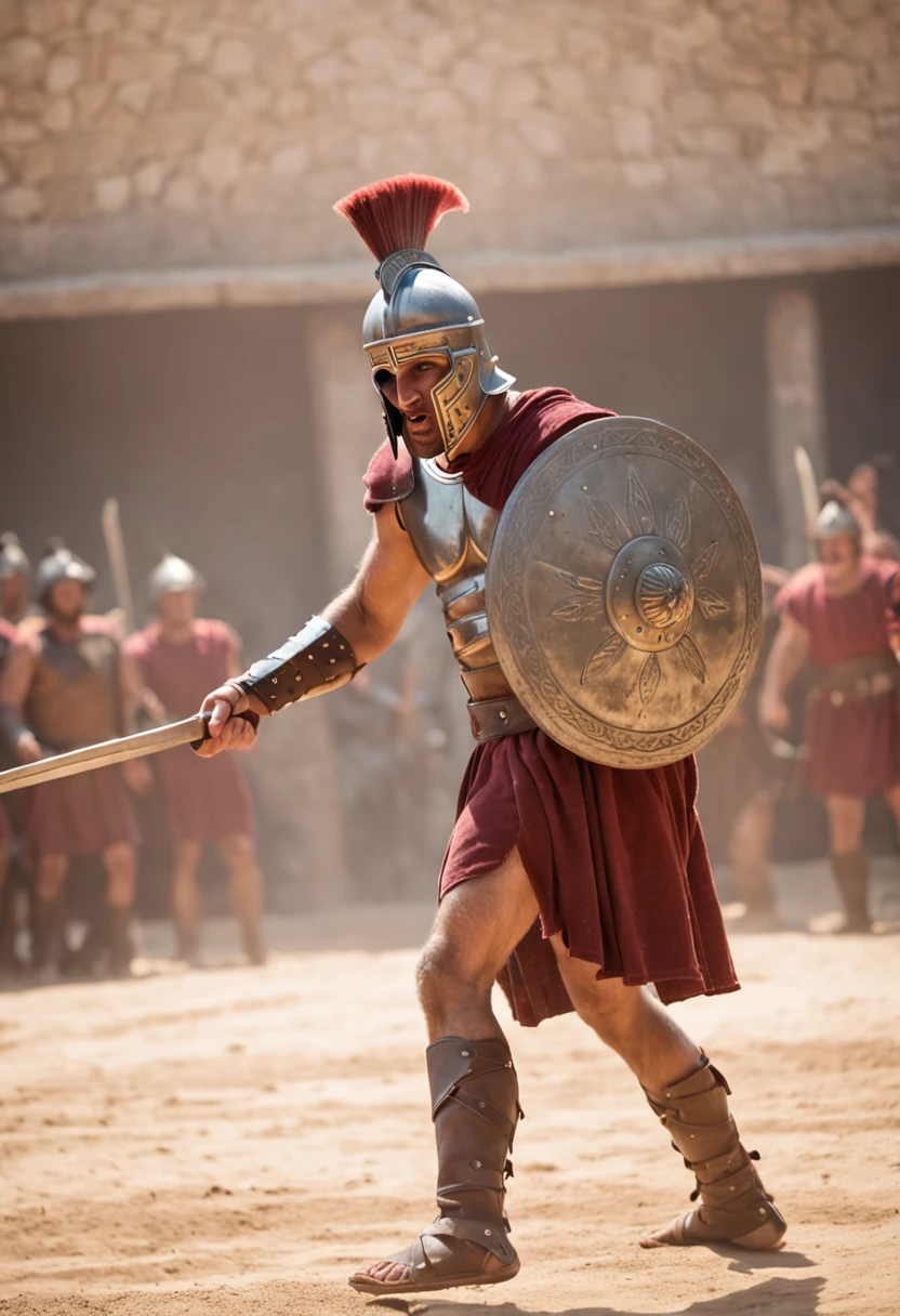 "A fierce gladiator is fighting in a battle against other gladiators in a medieval arena with an audience watching the fight. The gladiator is using a sword, a spear and a shield. He's angry and determined to win. His expression is fierce and his muscles are tense. He's ready to fight to the end. The image is high resolution and has good lighting. Os detalhes dos gladiadores, of the arena and the audience are clearly visible. The image is full of action and drama. It's an image that will capture your attention and keep you engaged."