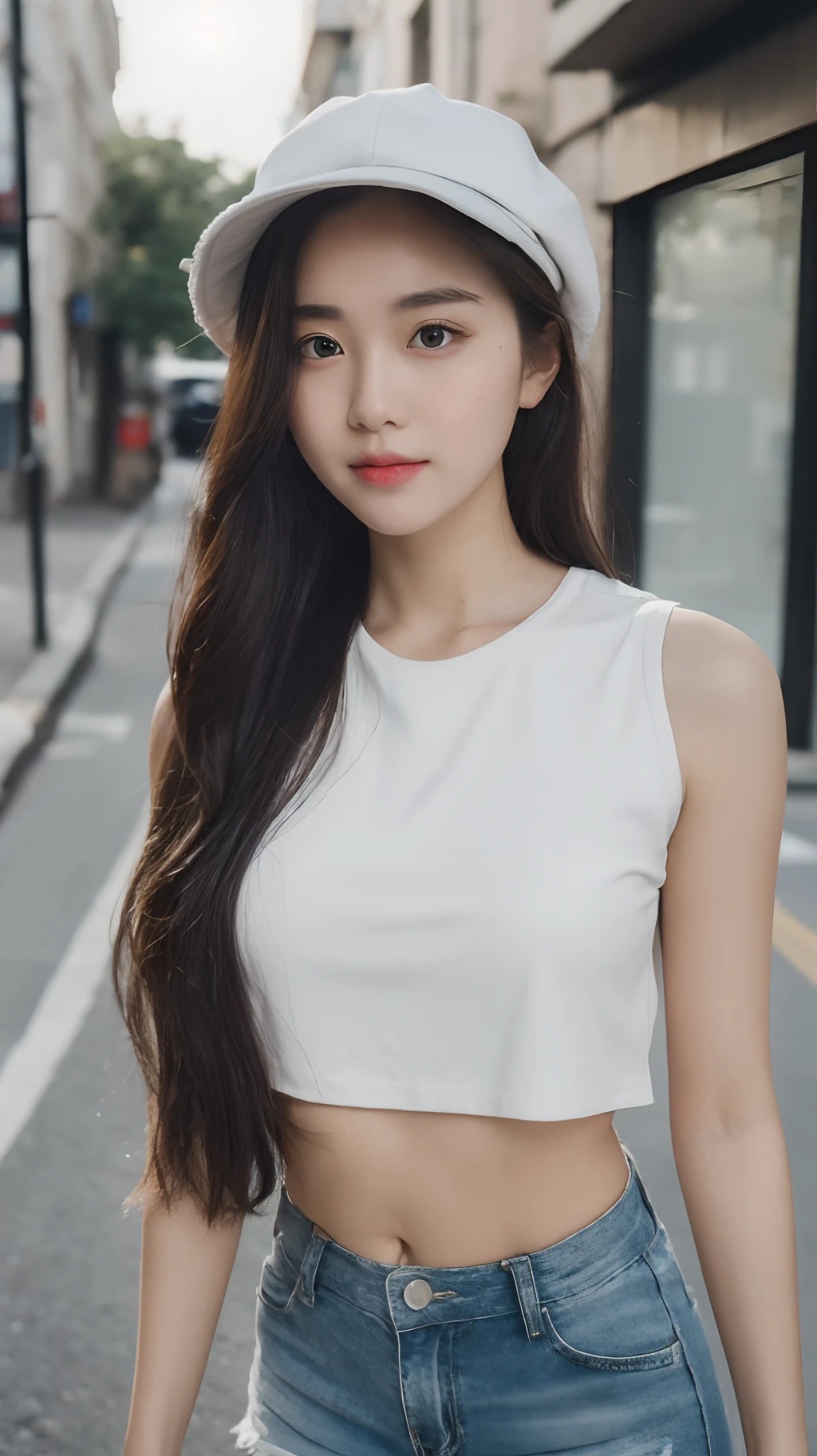 ((Best Quality, 8K, Masterpiece: 1.3)), (Flower Cap: 1.3), Focus: 1.2, Perfect Body Beauty: 1.4, Buttocks: 1.2, (Layered Haircut: 1.2)), (Dark Street: 1.3), Highly Detailed Face and Skin Texture, Full Body, Delicate Eyes, Double Eyelids, Whitened Skin, Long Hair, (Round Face: 1.5), (Loose Crop Top, Shorts: 1.6)