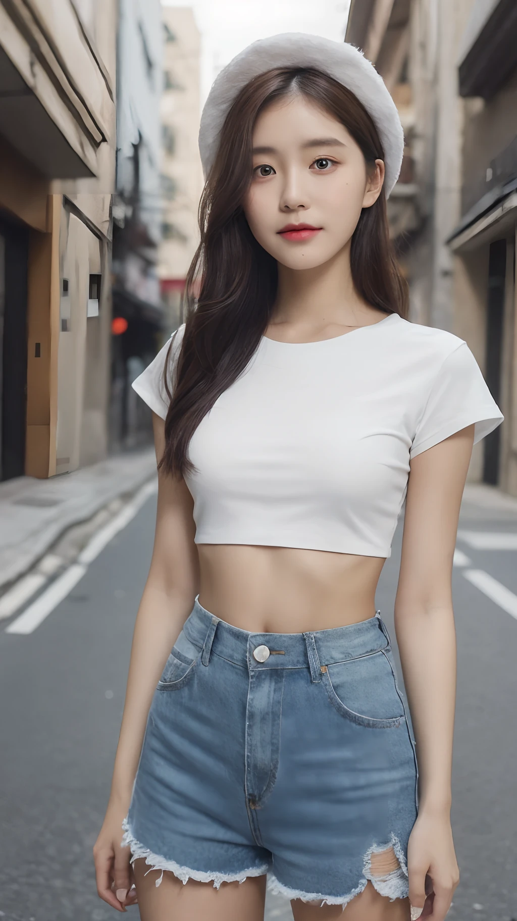 masterpiece, top-quality, 1 beautiful girl, (Detailed beautiful eyes), ((Detailed skin)) , ((Detailed medium hair)), A beautiful girl in crop top and ripped jeans oversize, colorfull, RAW photos, Camera angle behind, CG rendering, Blurred background, deep shadow,  16K, bokered,   Very detailed, wallpaper, depth of field, movie light, Ray tracing.